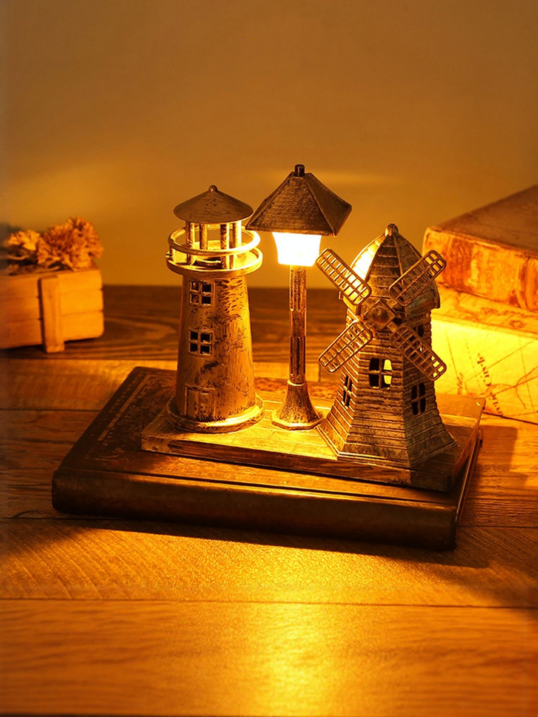 Gopalvilla Gold-Toned Vintage Windmill Lighthouse Curio Showpiece