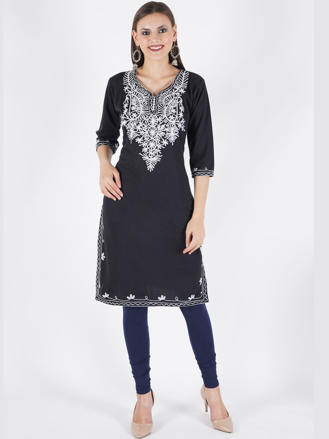 CROWN KING Embroidered Notch Neck Thread Work Straight Woollen Kurta