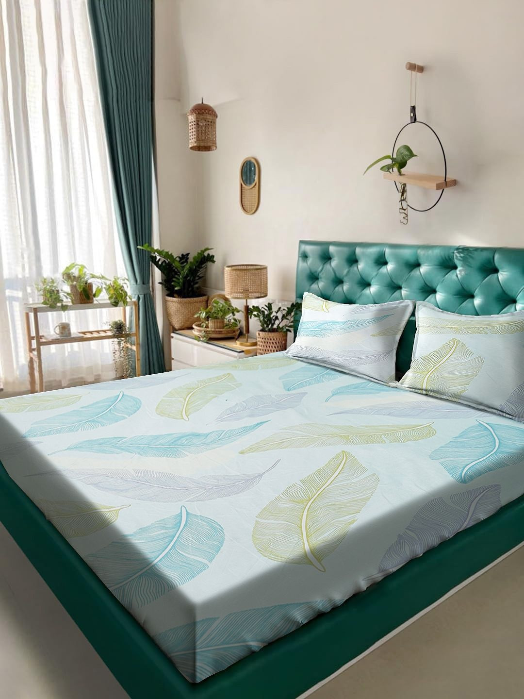 ROSARA HOME Blue Leaf Printed Microfiber King Bedsheet Set 1.98 m x 1.82 m