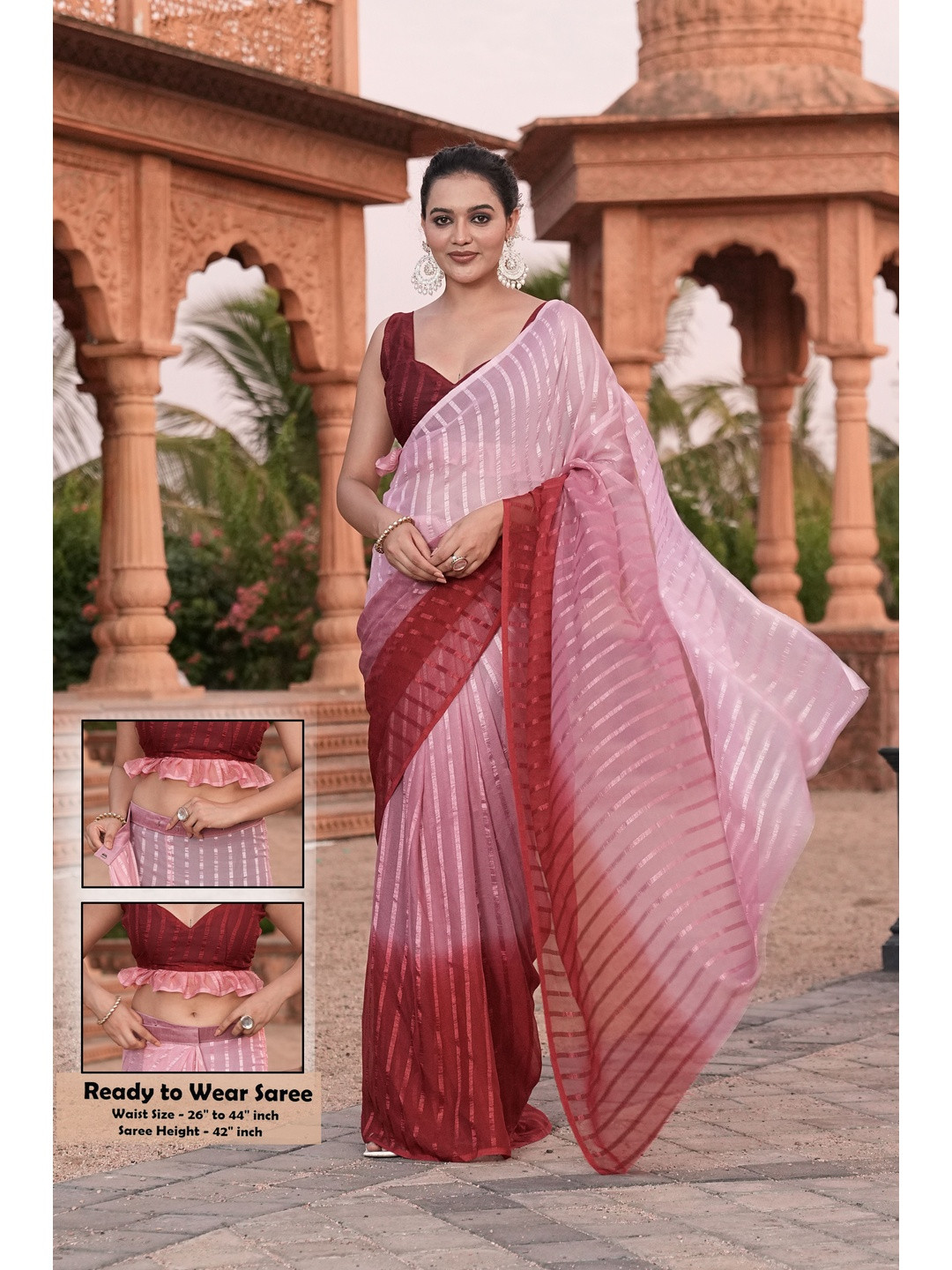 GHAN SALS Colourblocked Striped Baluchari Saree