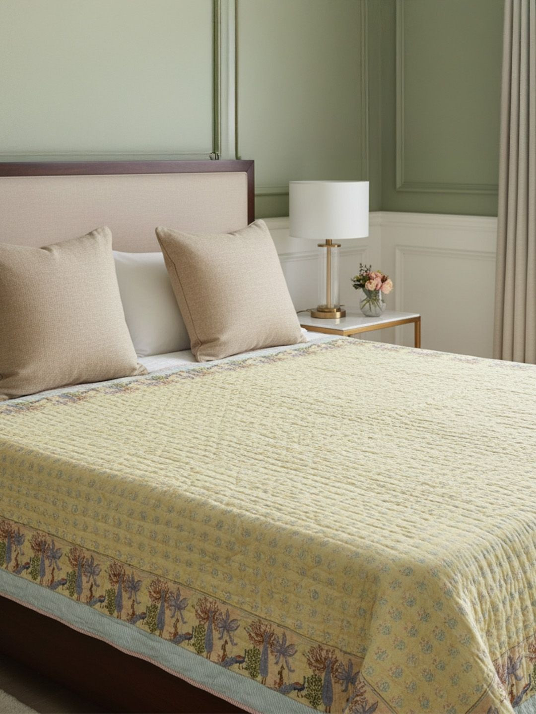 Baarno Yellow & Green Floral Printed Cotton Mild Winter 400 GSM Double King Quilt