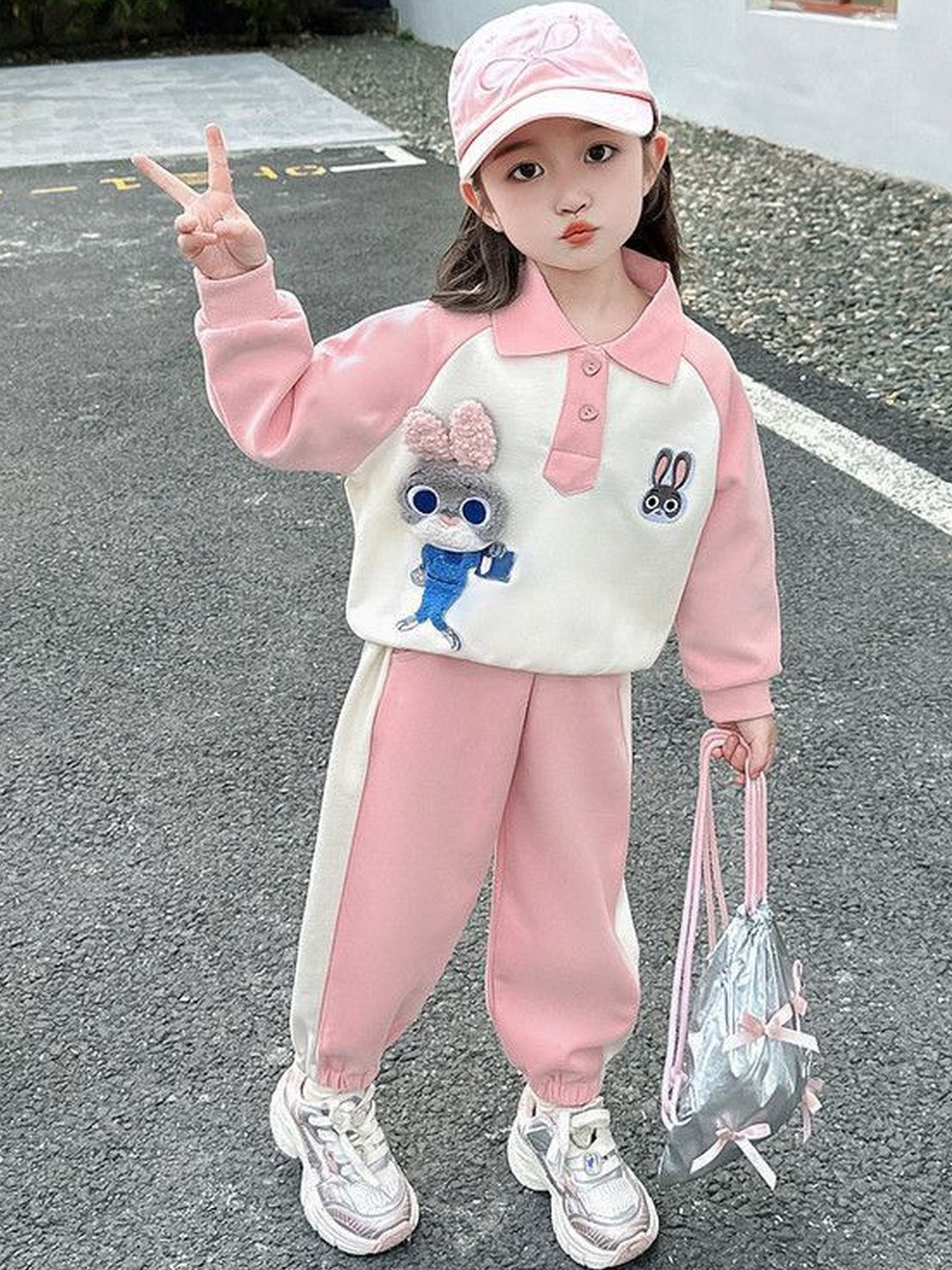 POP STREET KIDS Girls Printed  Bunny Applique Top with Joggers Clothing Set