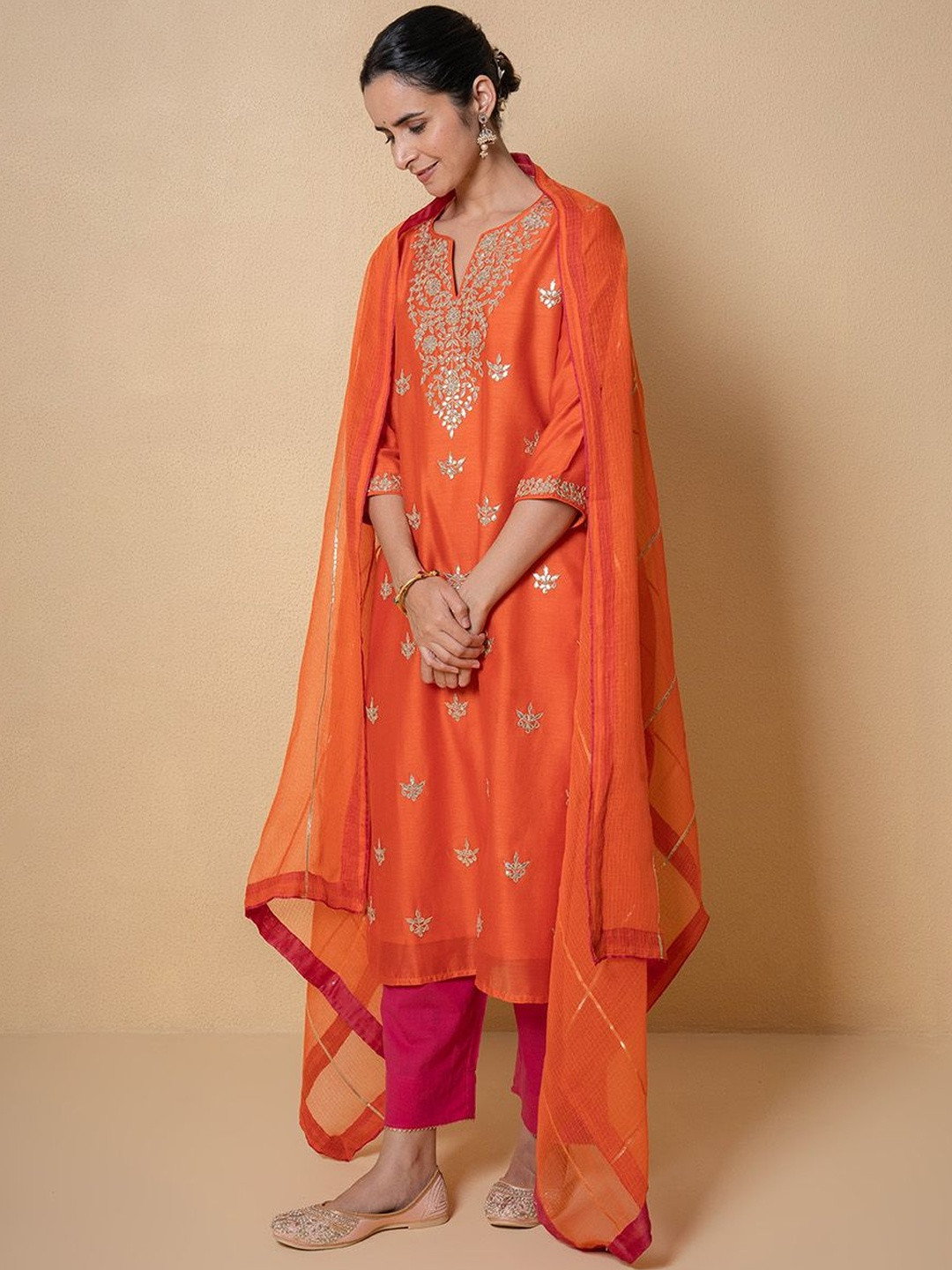 Kameez by Pooja Kejriwal Women Embroidered Regular Gotta Patti Kurta Set With Dupatta