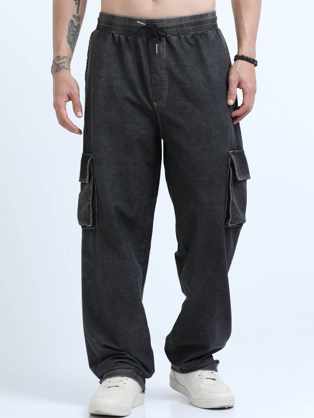 glitchez Men Loose Fit Mid-Rise Cargos Denim Trousers