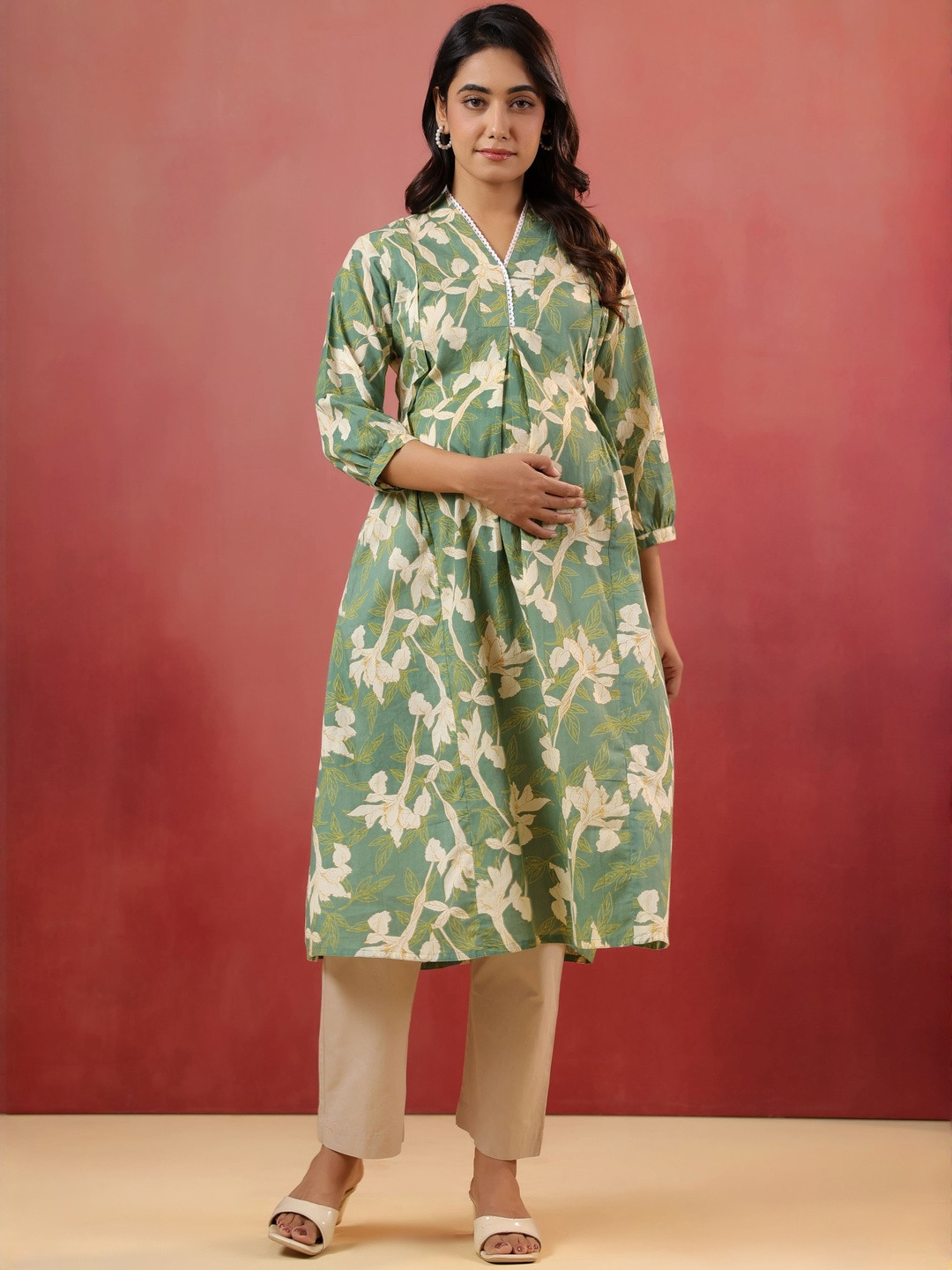 CRAFIQA Women Floral Printed Maternity Fern Leaf Cotton A-Line Kurta