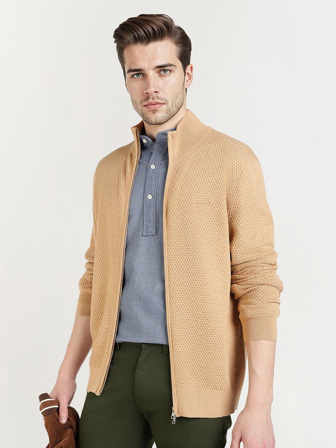 GANT Men Self Design Mock Collar Cardigan Sweater