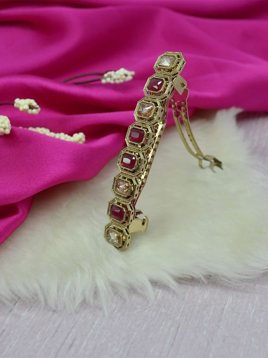 SALONI FASHION JEWELLERY Women Antique Gold Plated Ruby and Uncut Kundan French Barrette