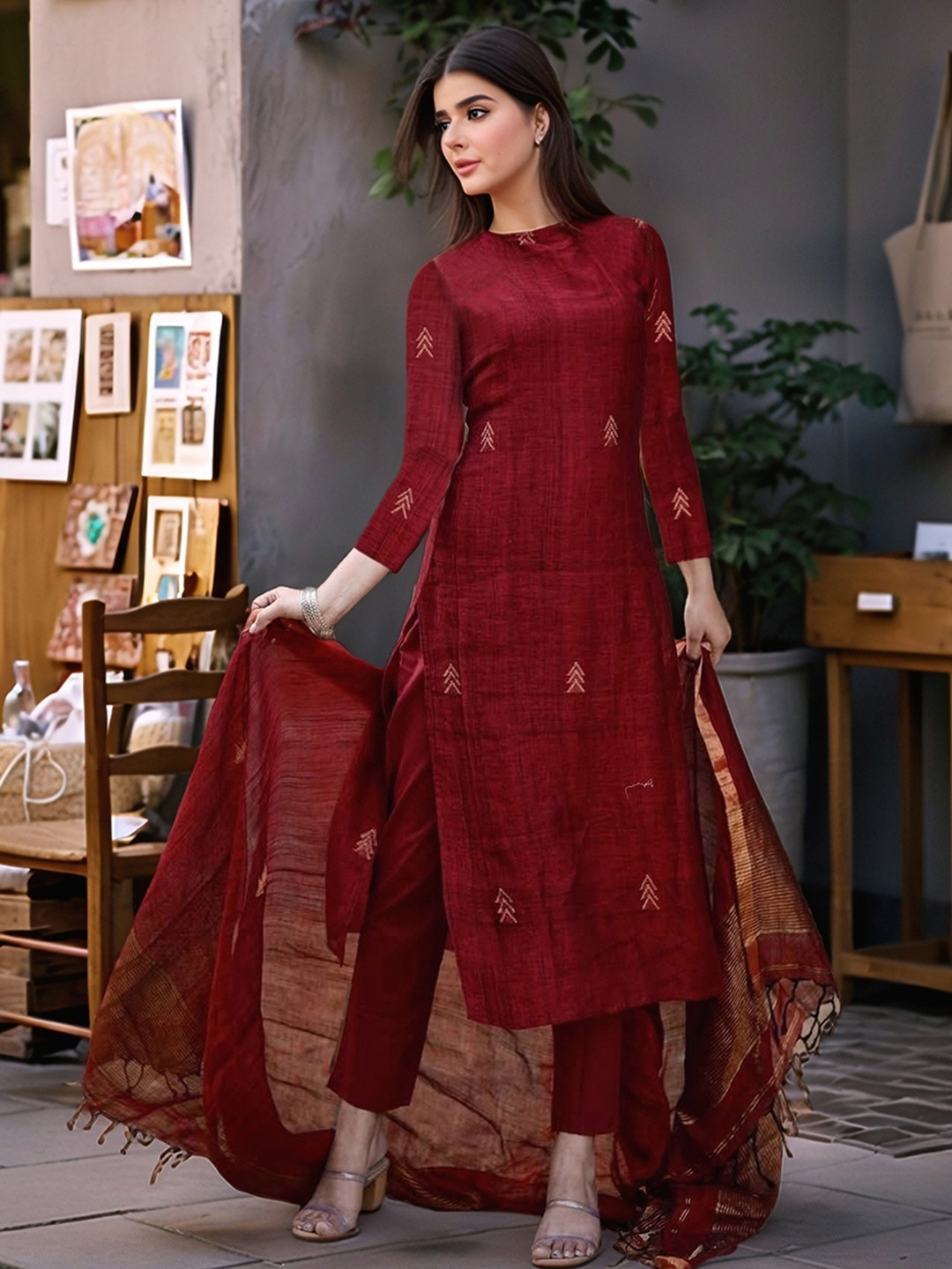 Aaghnya Women Printed Straight Kurta with Trousers & Dupatta