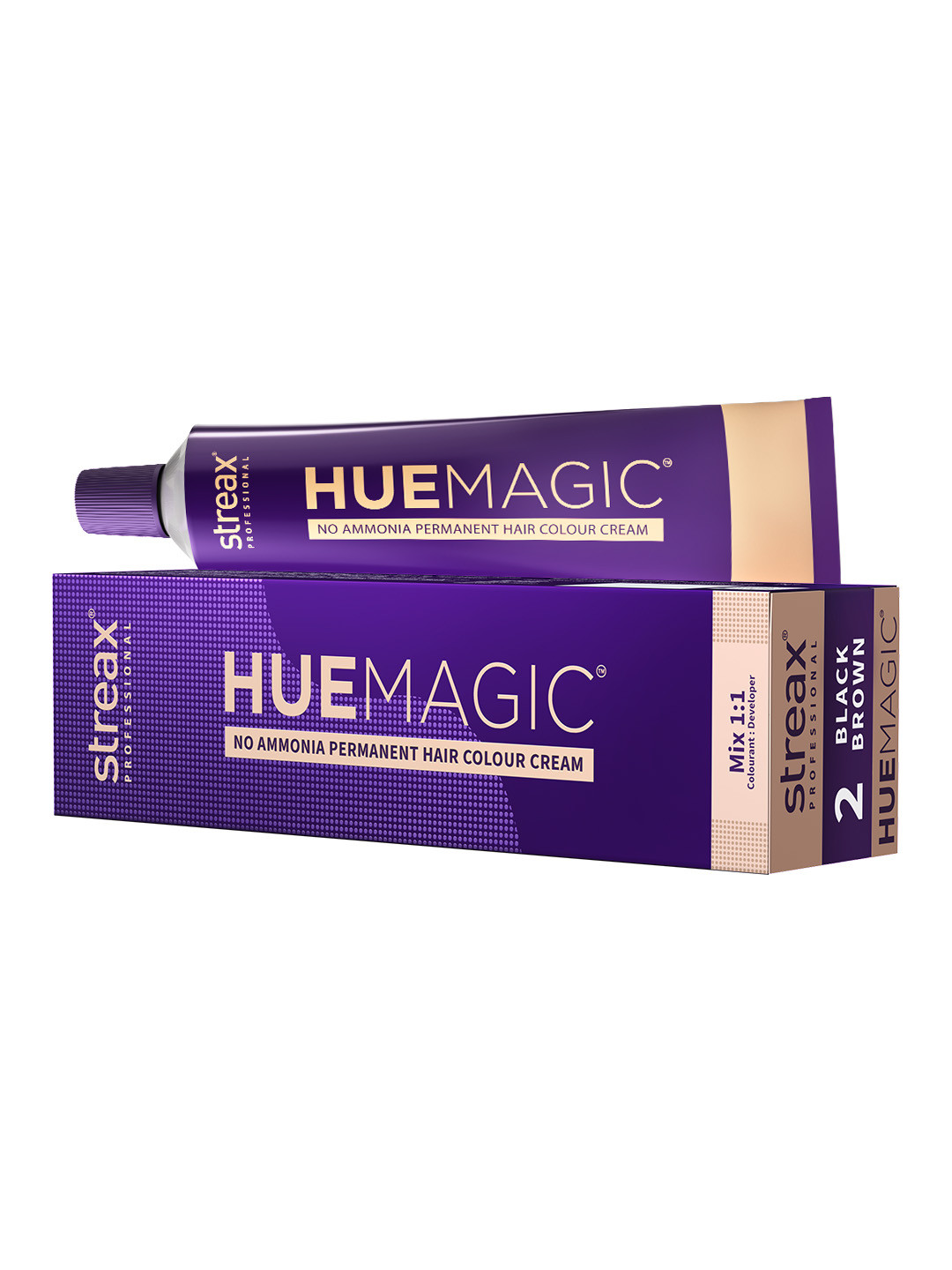 Streax Professional HueMagic Ammonia Free Permanent Hair Colour Cream 90g - Black Brown 2