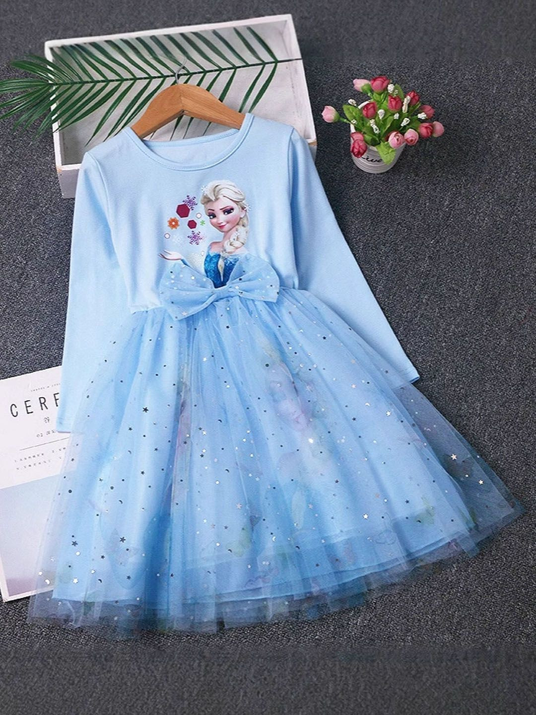 Xsole Girls Graphic Printed Bow Embellished Frozen Fit & Flare Dress