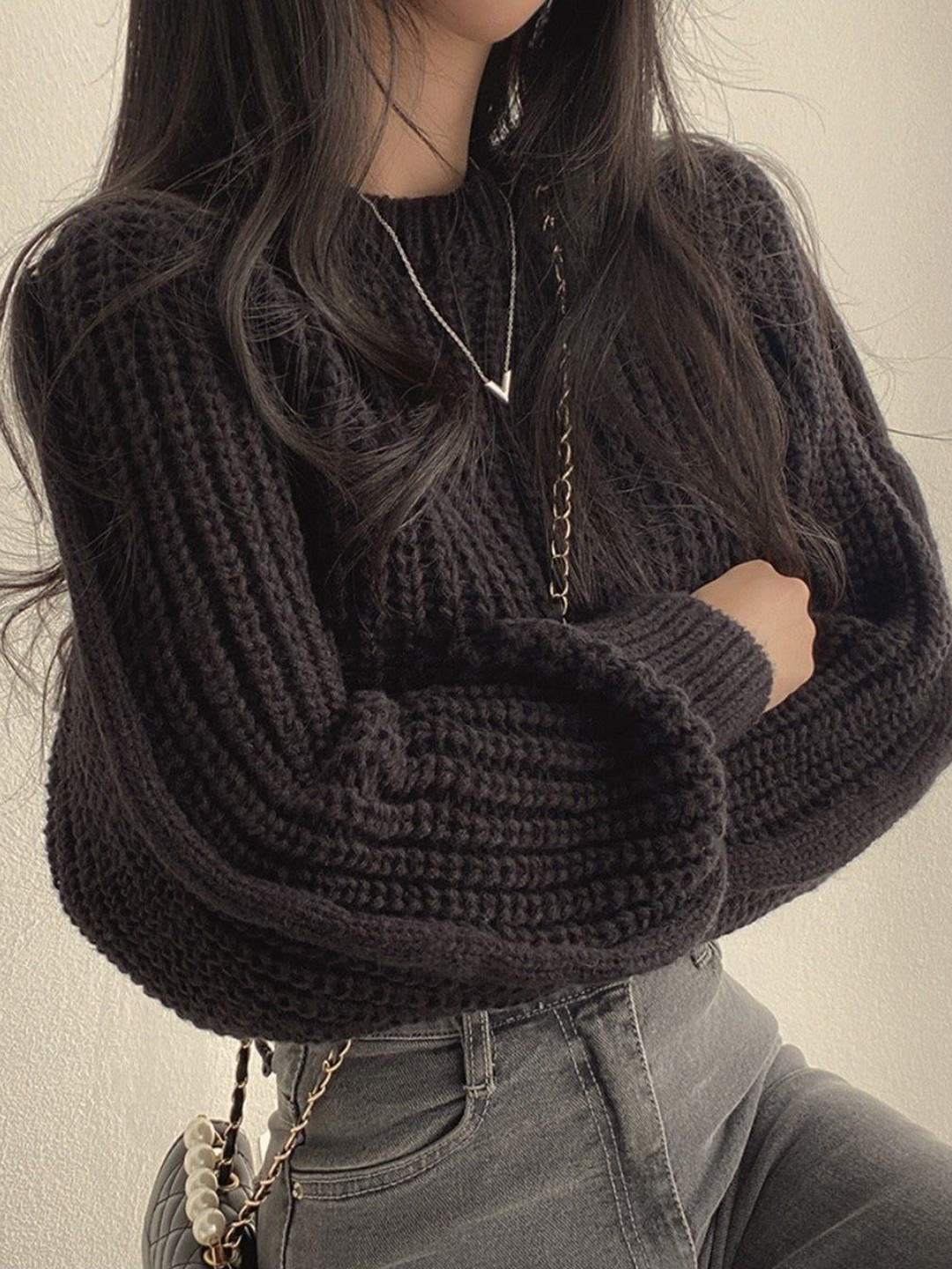 Outzidr Women Ribbed Mock Collar Long Sleeve Chunky Pullover Sweater