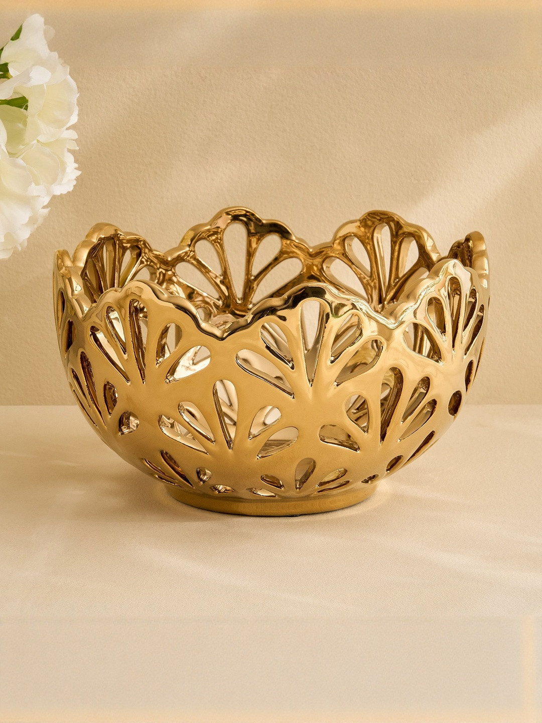 Home Centre Stellar Celestial Melo Gold Toned Ceramic Perforated Decorative Bowl