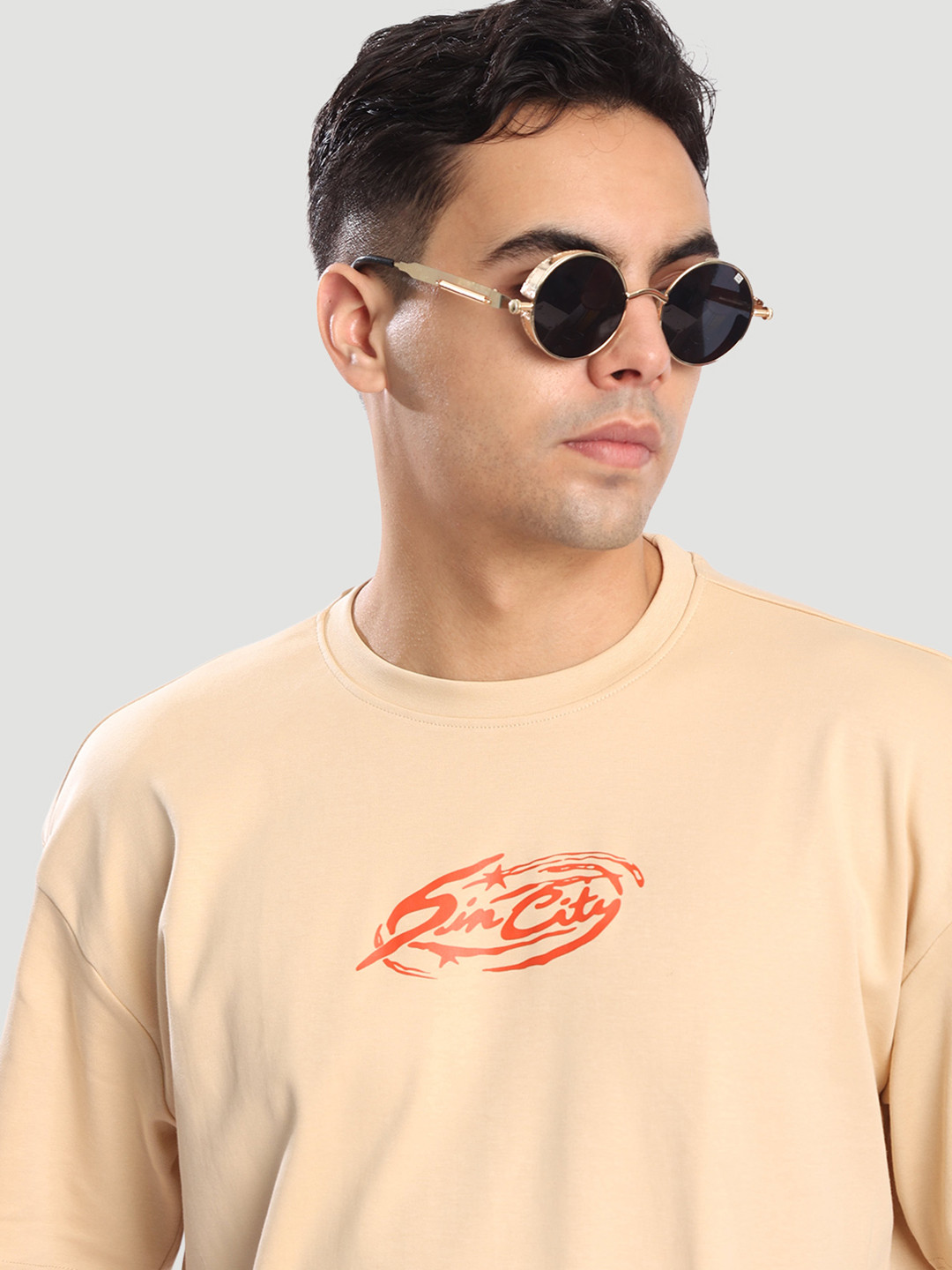 Bene Kleed Men Beige Typography Printed Round Neck Oversize T-shirt