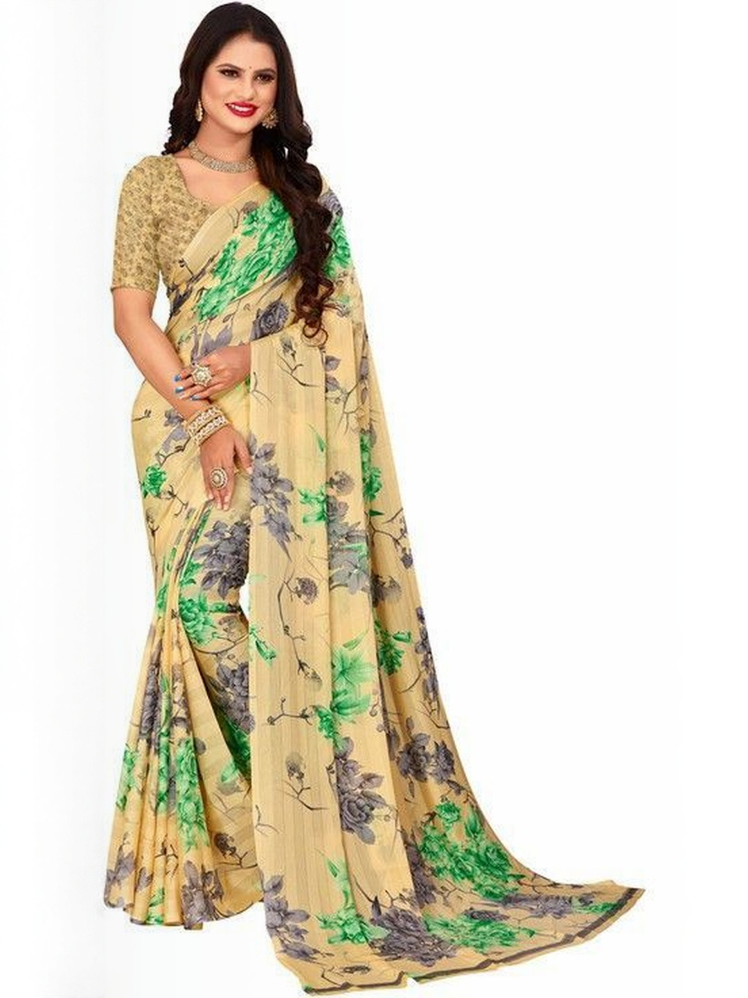 GHAN SALS Floral Printed Poly Georgette Baluchari Saree