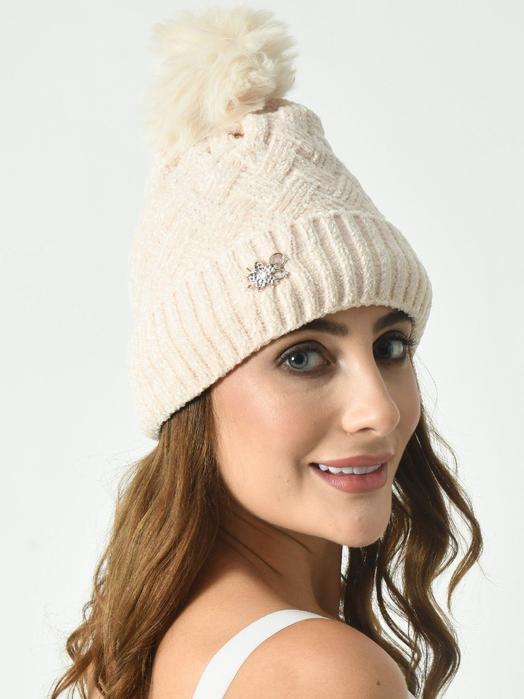 Piftif Women Cream Woolen Winter Cap Hat with Pompom On Top
