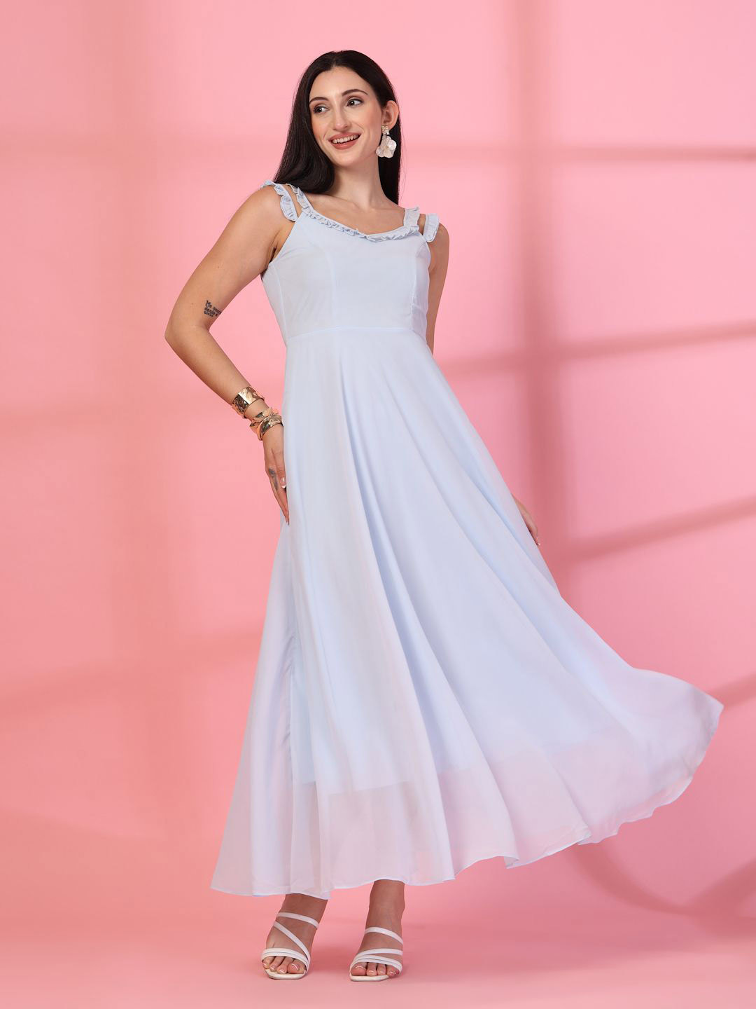 T TRYON ULTIMATE Women Solid Ruffled Georgette Neck Frill Sleeveless Maxi A-Line Dress