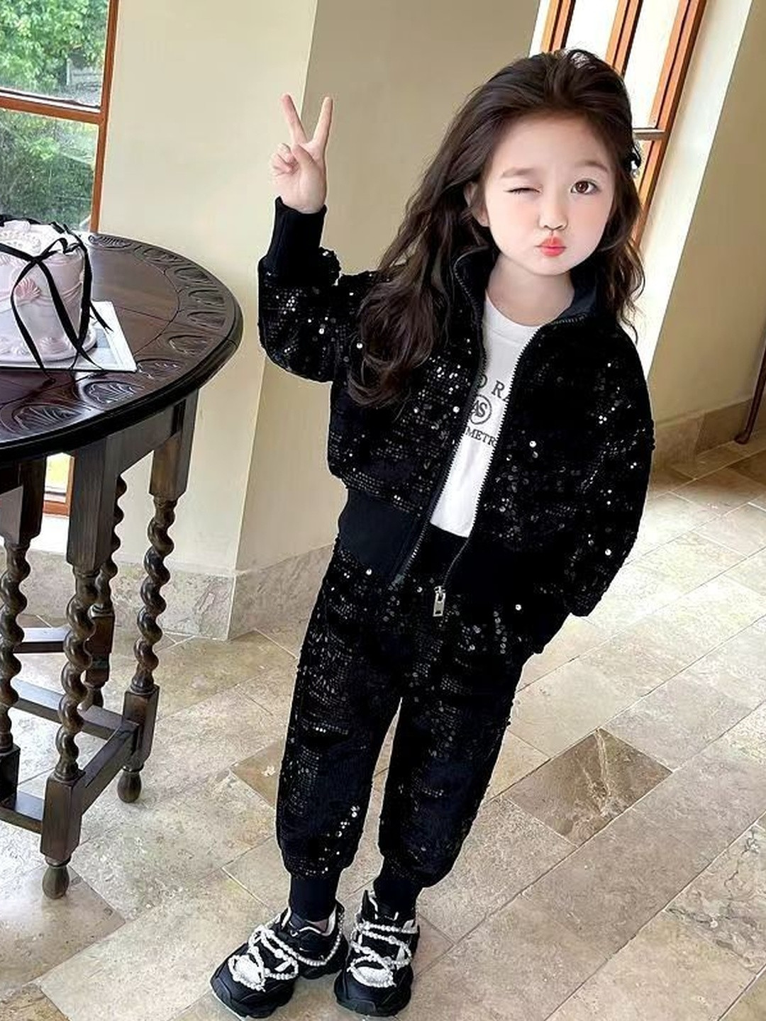 YK Girls Black Long Sleeves Polyester Co-Ords