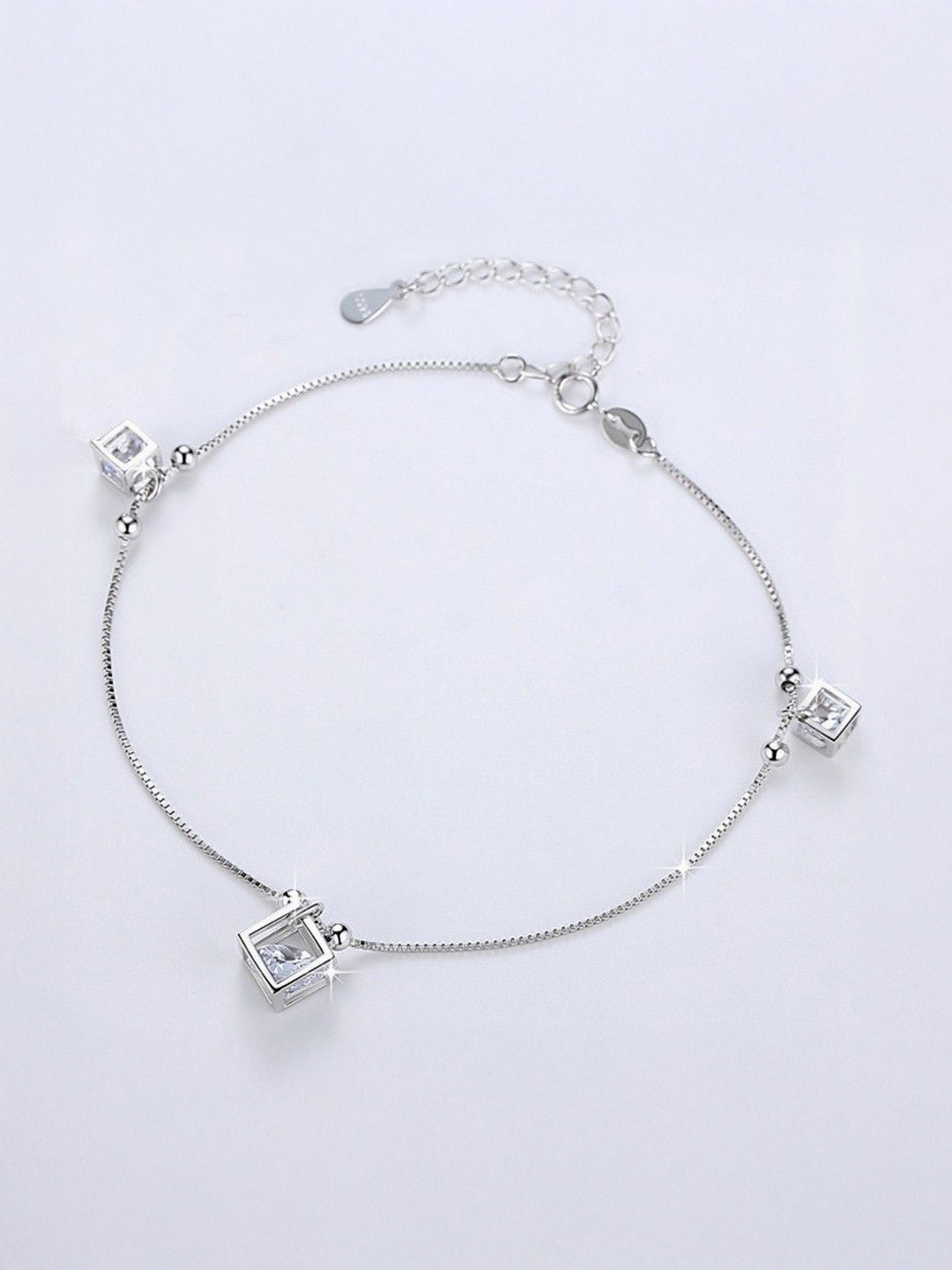 MYSTICFLAVIA Three Square Box 925 Sterling Silver Rhodium-Plated Zircon Studded Anklet