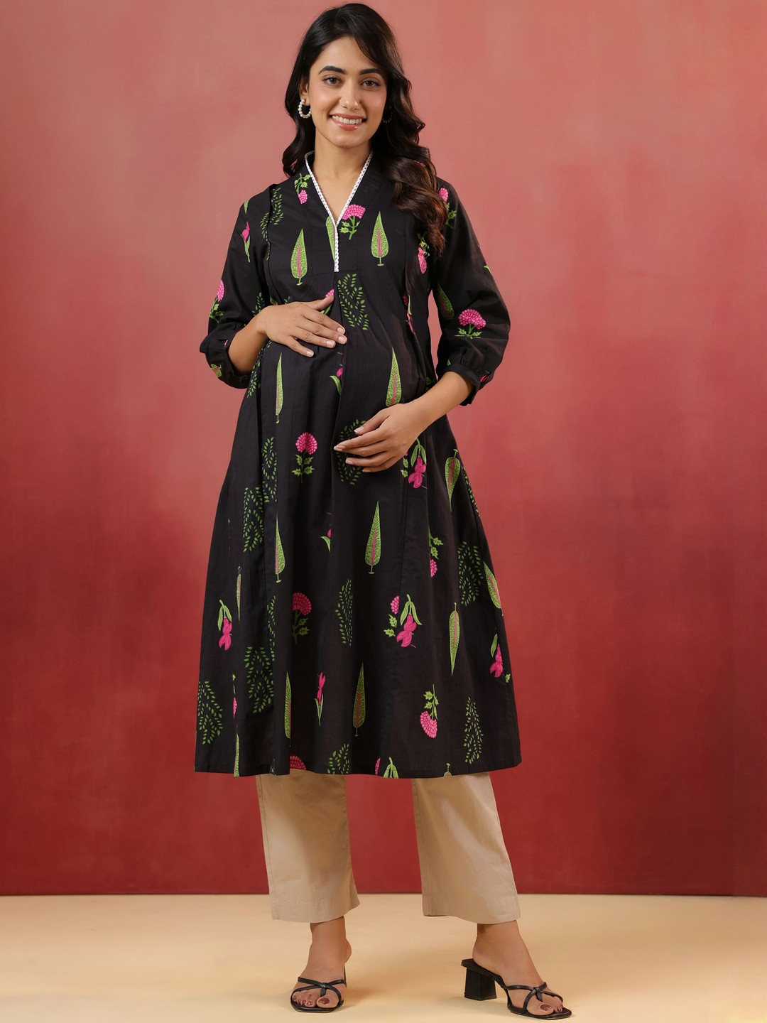 CRAFIQA Women Floral Printed Maternity Mughal Boota Cotton A-Line Kurta