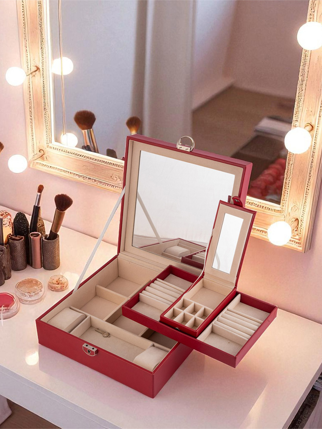 AARVI DECOR STUDIO Red Multiple Compartments Mirror Organiser