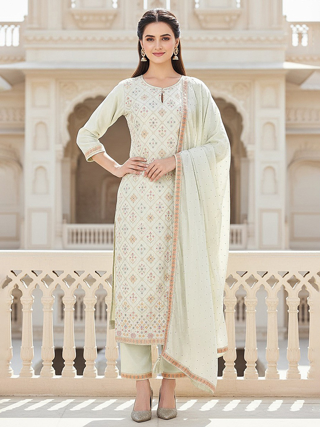 AHIKA Light Green Woven Design Keyhole Neck Kurta with Trousers & Dupatta