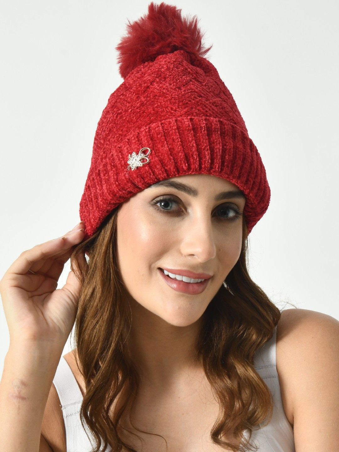 PIFTIF Women Velvet Fur Pompom Woolen Beanie Cap