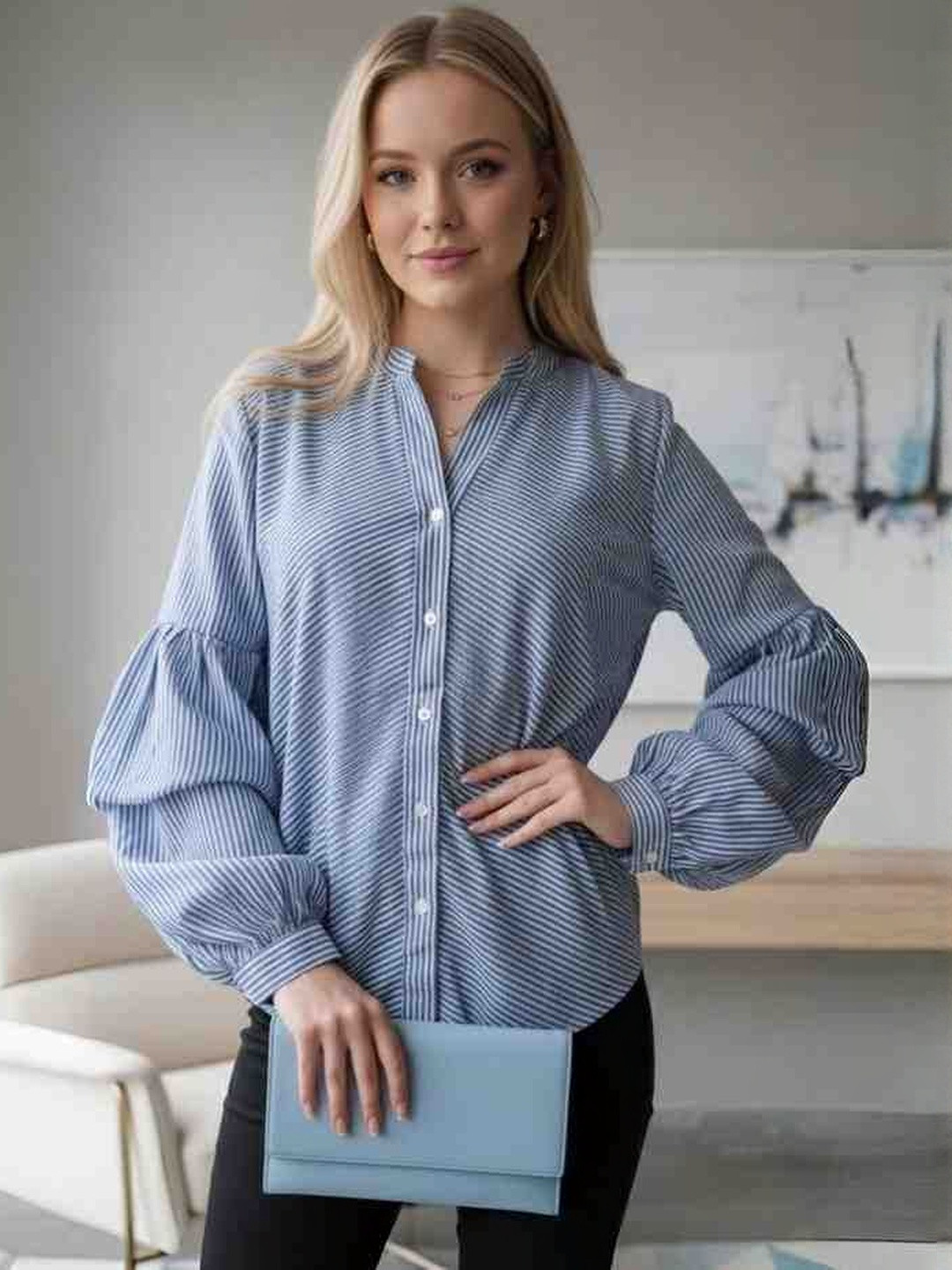 LAESTILOSO PRIVATE LIMITED Women Striped Mandarin Collar Puff Sleeves Casual Shirt