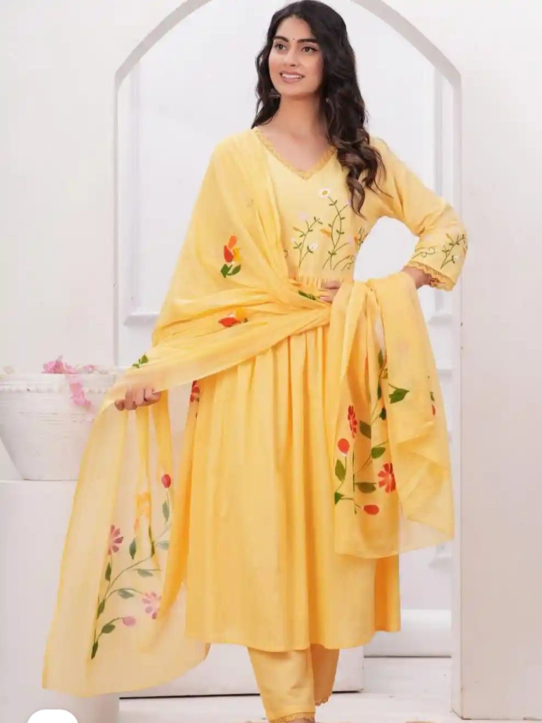 Ruaati Floral Embroidered Empire V-Neck Pure Cotton A-Line Kurta With Trousers & Dupatta