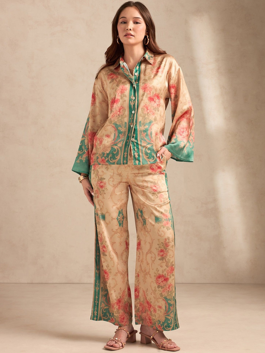 Outzidr Floral Printed Shirt Collar Relax Fit Satin Shirt With Wide Leg Trousers