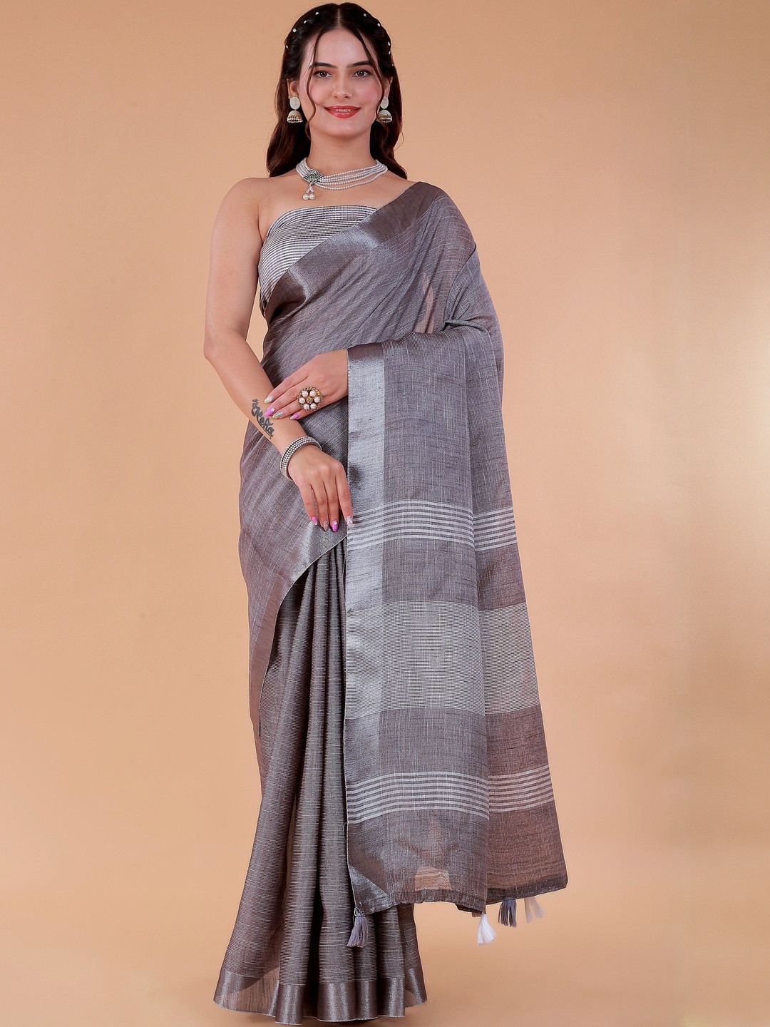 NEGRONI Striped Woven Design Border Zari Khadi Saree With