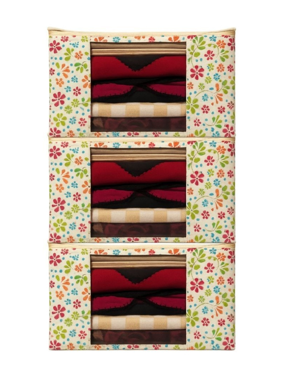 INNWYN Cream & Green 3 Pieces Printed Crack Resistant PVC Multi-Utility Organisers