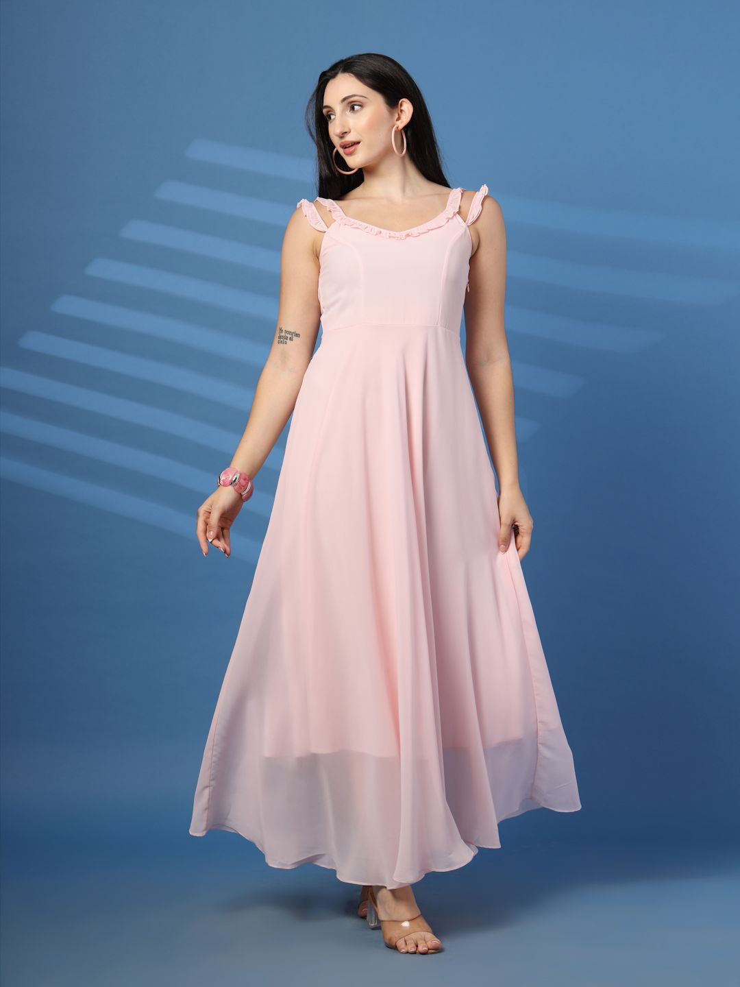 T TRYON ULTIMATE Ruffled Georgette Shoulder Straps Fit & Flare Maxi Dress