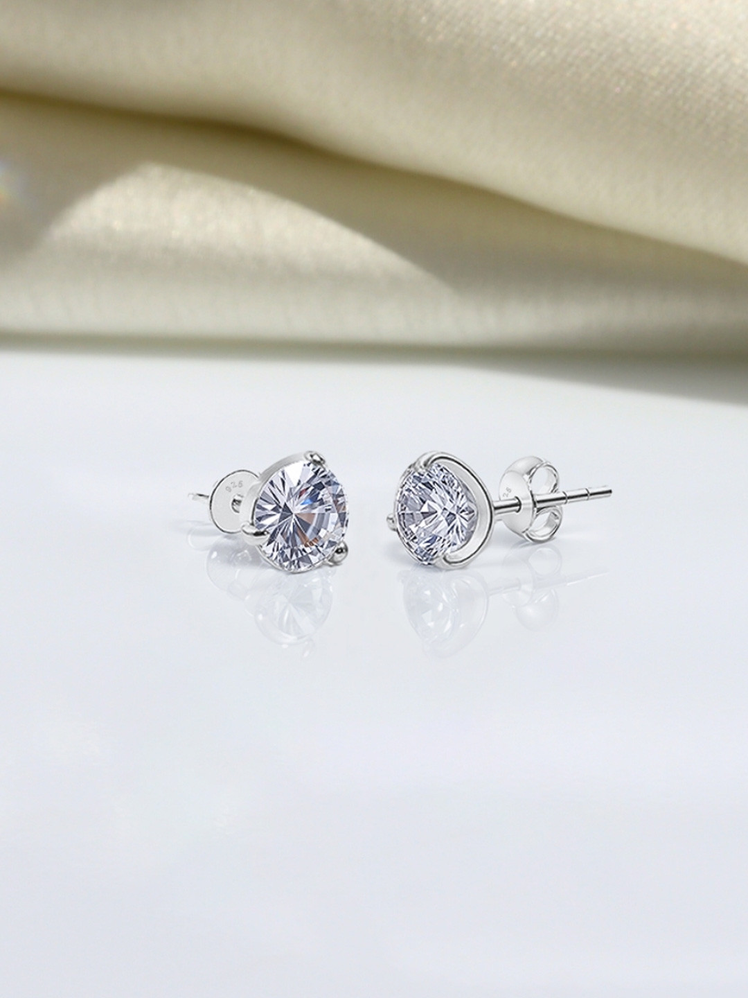 HighSpark 92.5 Silver Sparkling Martini Style 3 Prong Setting Studs Earrings - 7mm