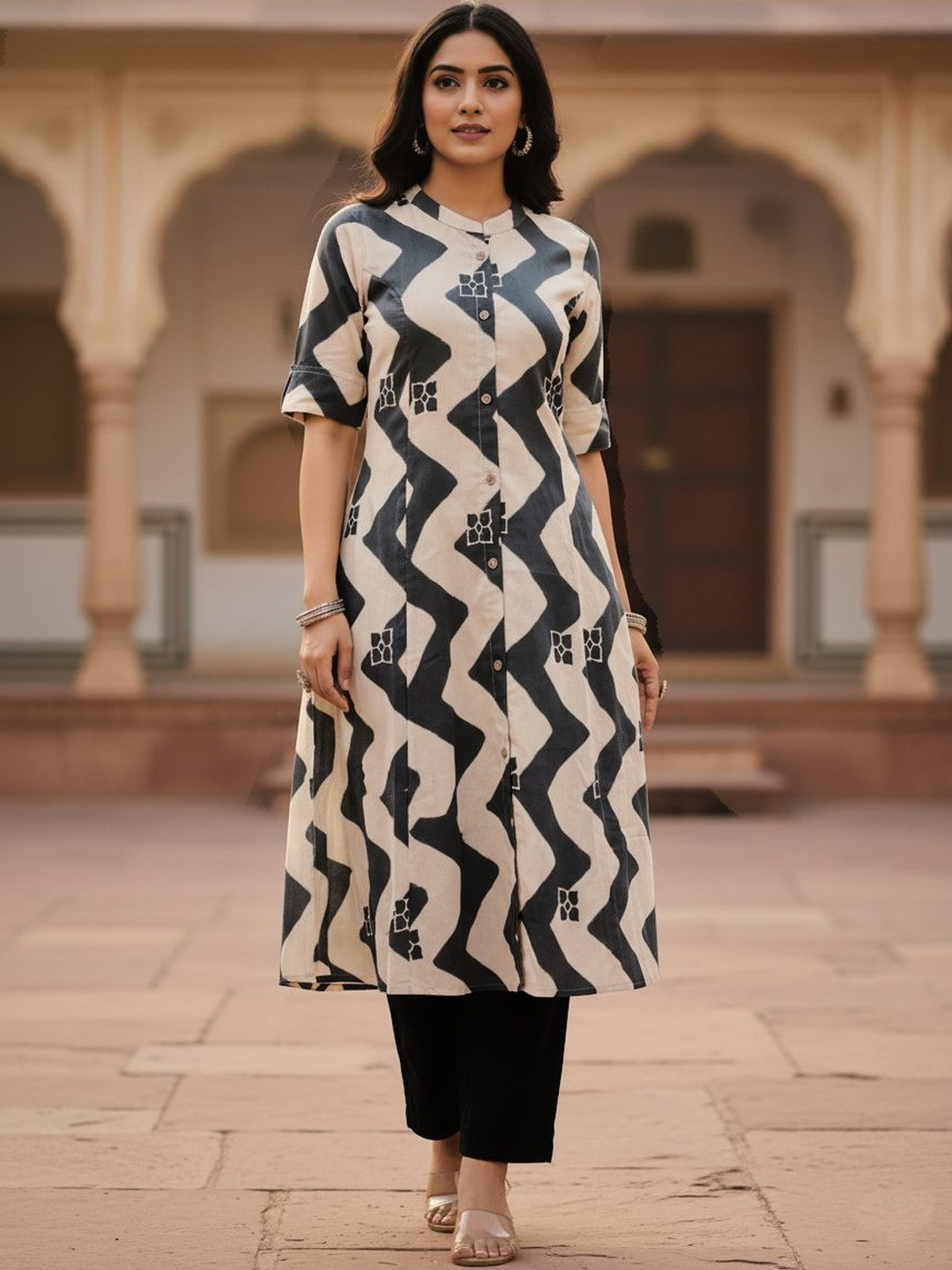 Gopi Prem Geometric Printed Pure Cotton Band Collar Kurta With Trouser