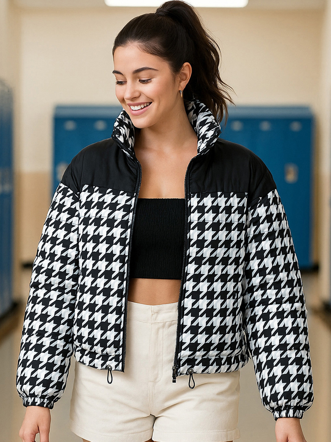 Bewakoof Women's Black & White All Over Printed Oversized Zipper Puffer Jacket