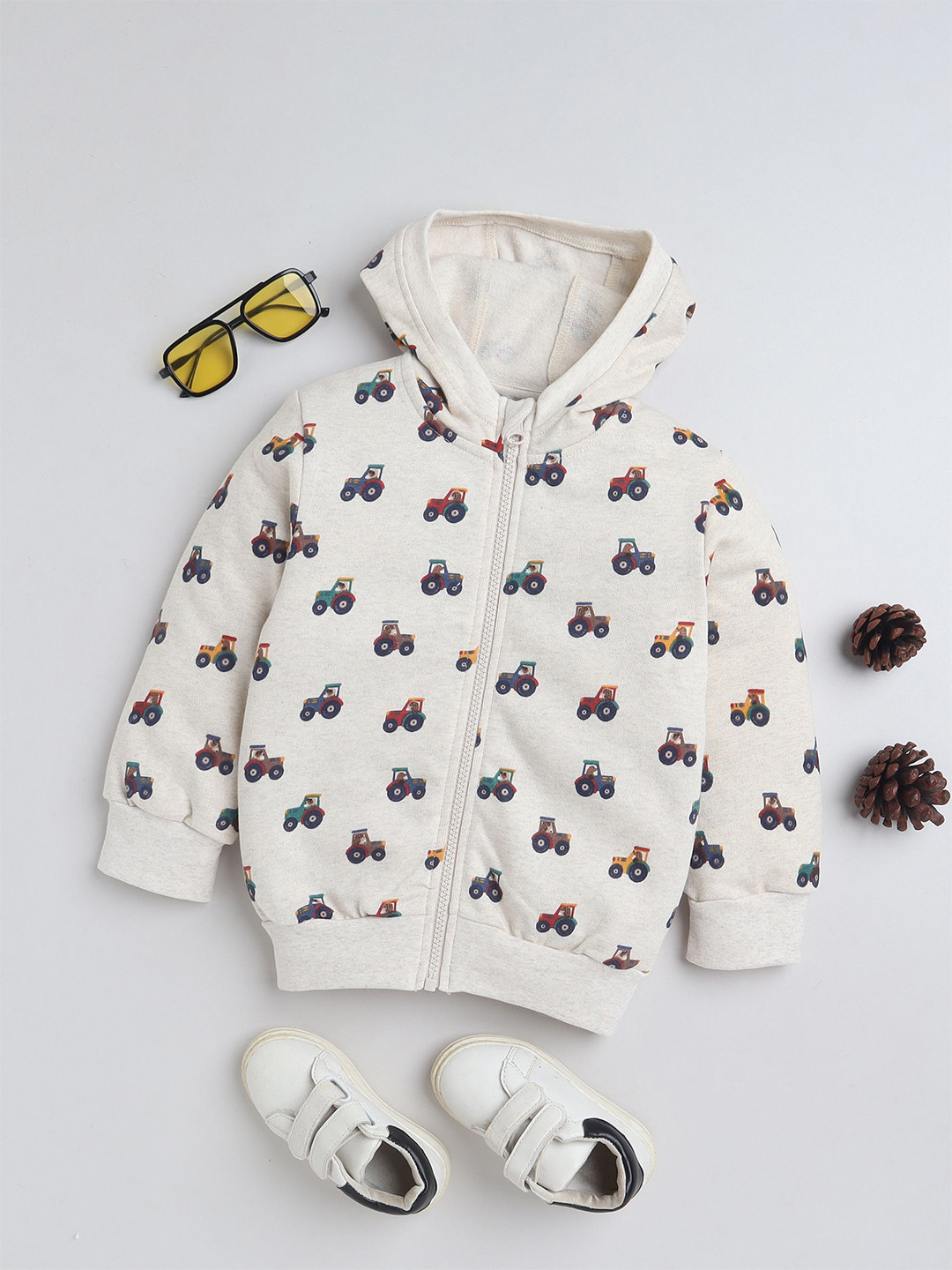 Baby Nation Unisex Tractor Printed Full Sleeve Cotton Knitted Hooded Sweatshirt