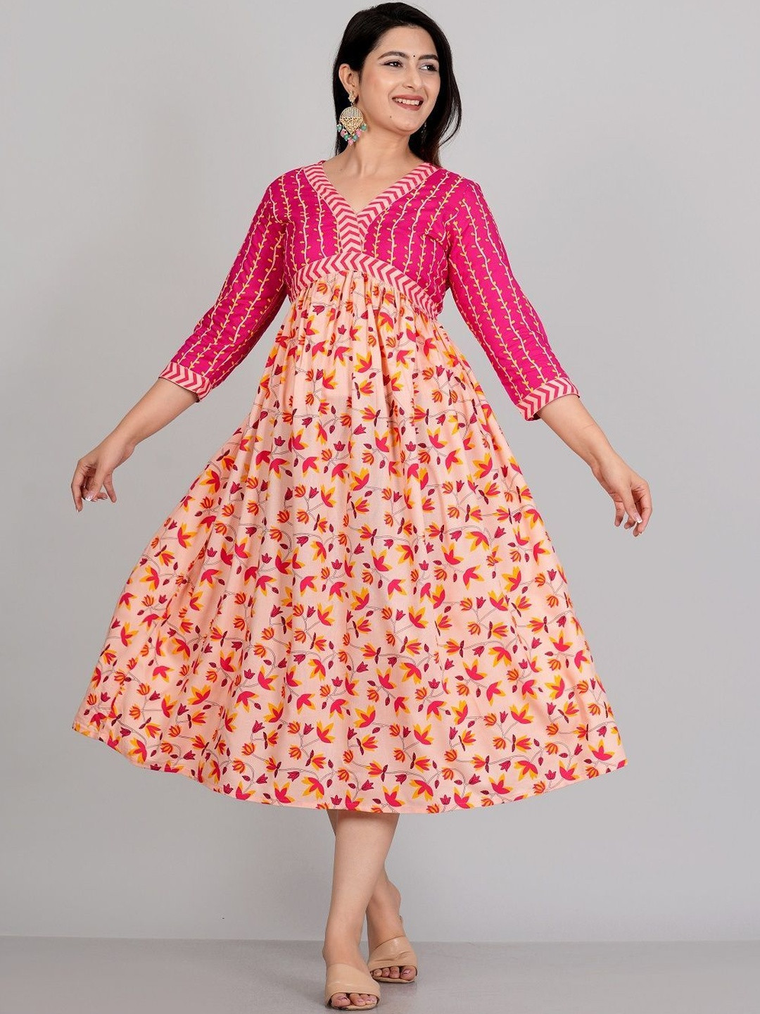 GOBYA Floral Printed V-Neck Fit & Flare Ethnic Dress