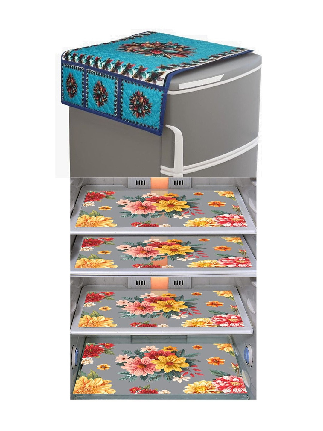 LooMantha Printed  Pack of 5  Refrigerator covers & fridge mats Set