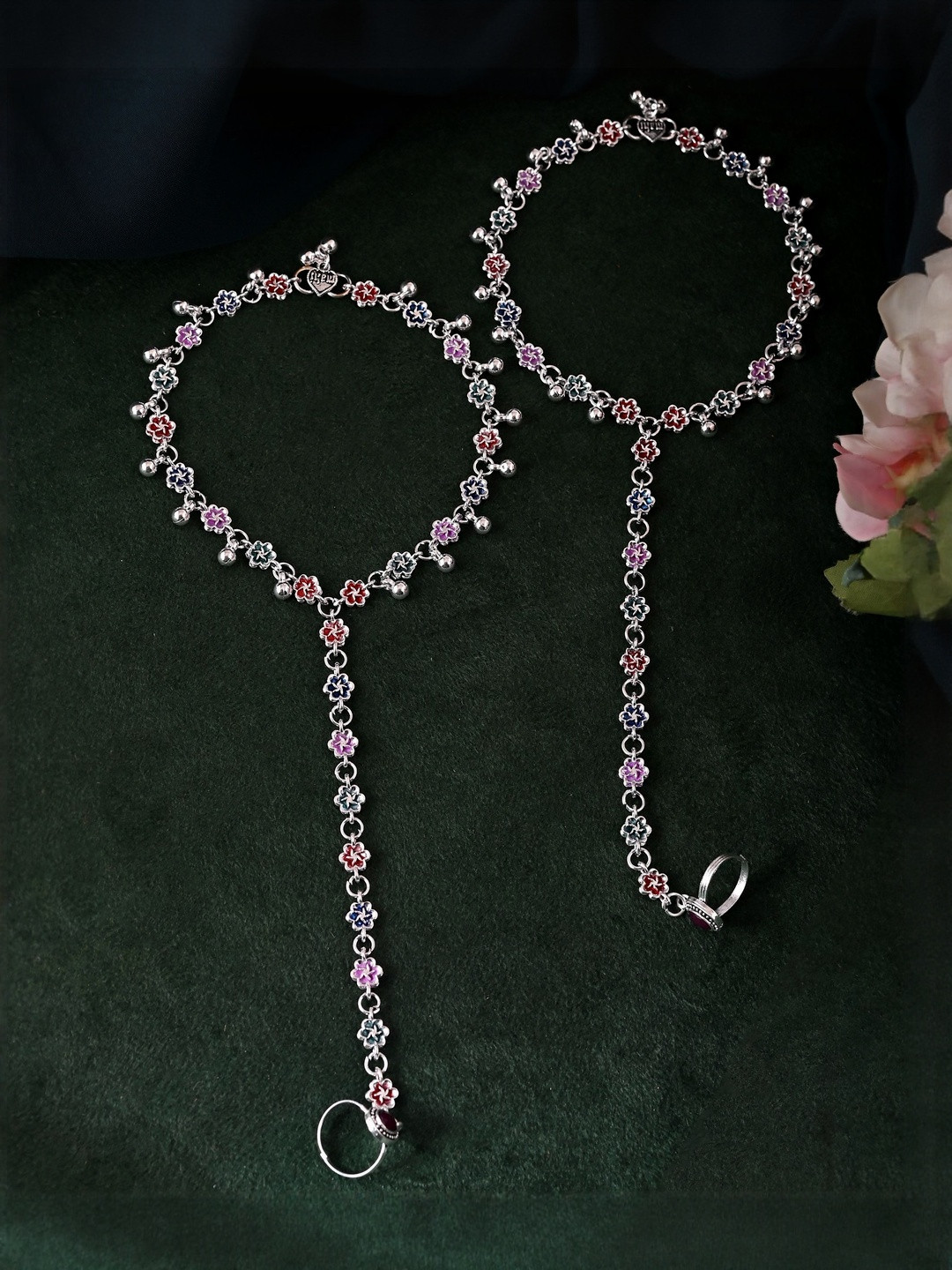 VOJ Stainless Steel Silver-Plated Artificial Beaded Floral Meenakari Anklet & Toe Ring