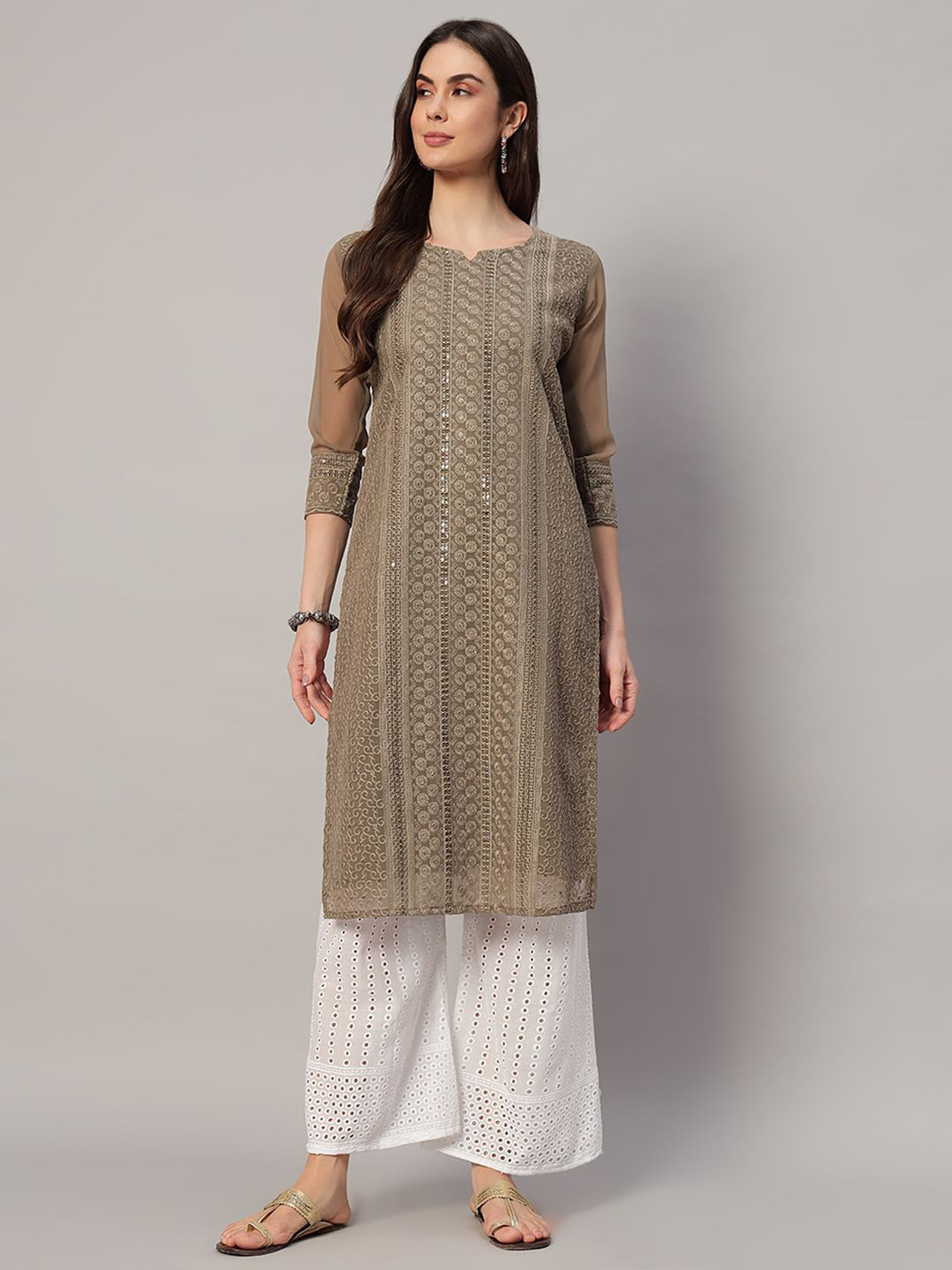 Felopie Women Ethnic Motifs Embroidered Chikankari Georgette Straight Kurta