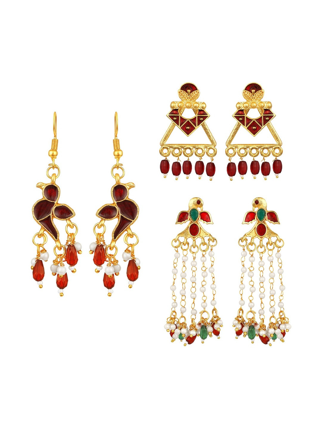 Stefan Gold-Plated Set Of 3 Bird Shaped Kundan Beaded Meenakari Drop Earrings