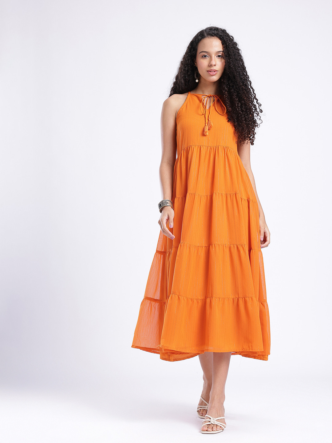Orange Tiered A-Line Midi Dress with Shoulder Straps