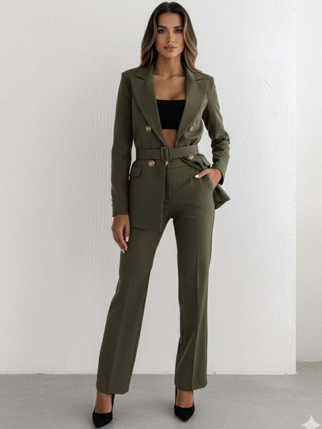 DressBerry Army Green Formal Polyester Blazer