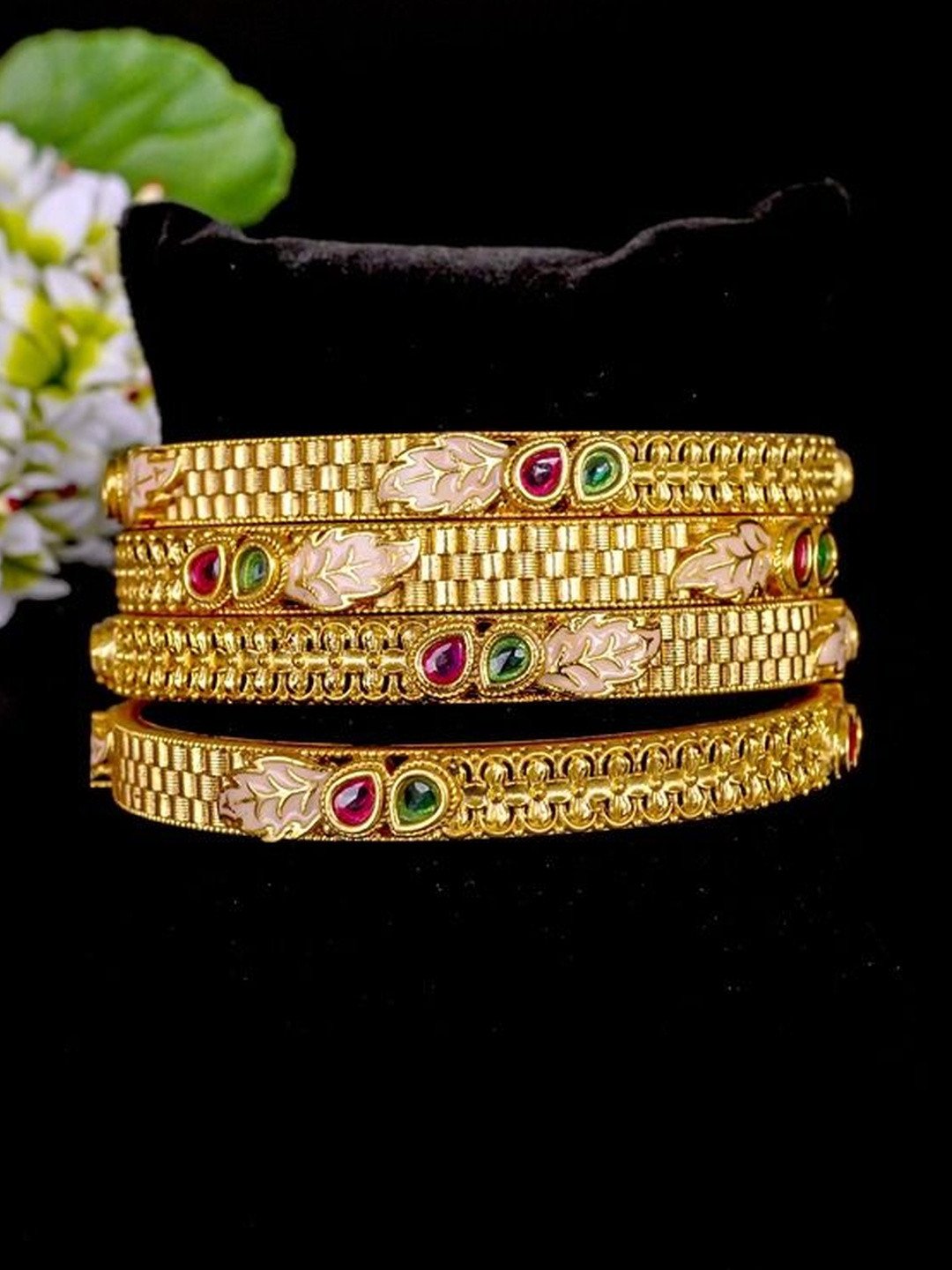 Richlook Set Of 4 Gold-Plated Ruby & Emerald Stone-Studded Regal Leaf Motif Bangles