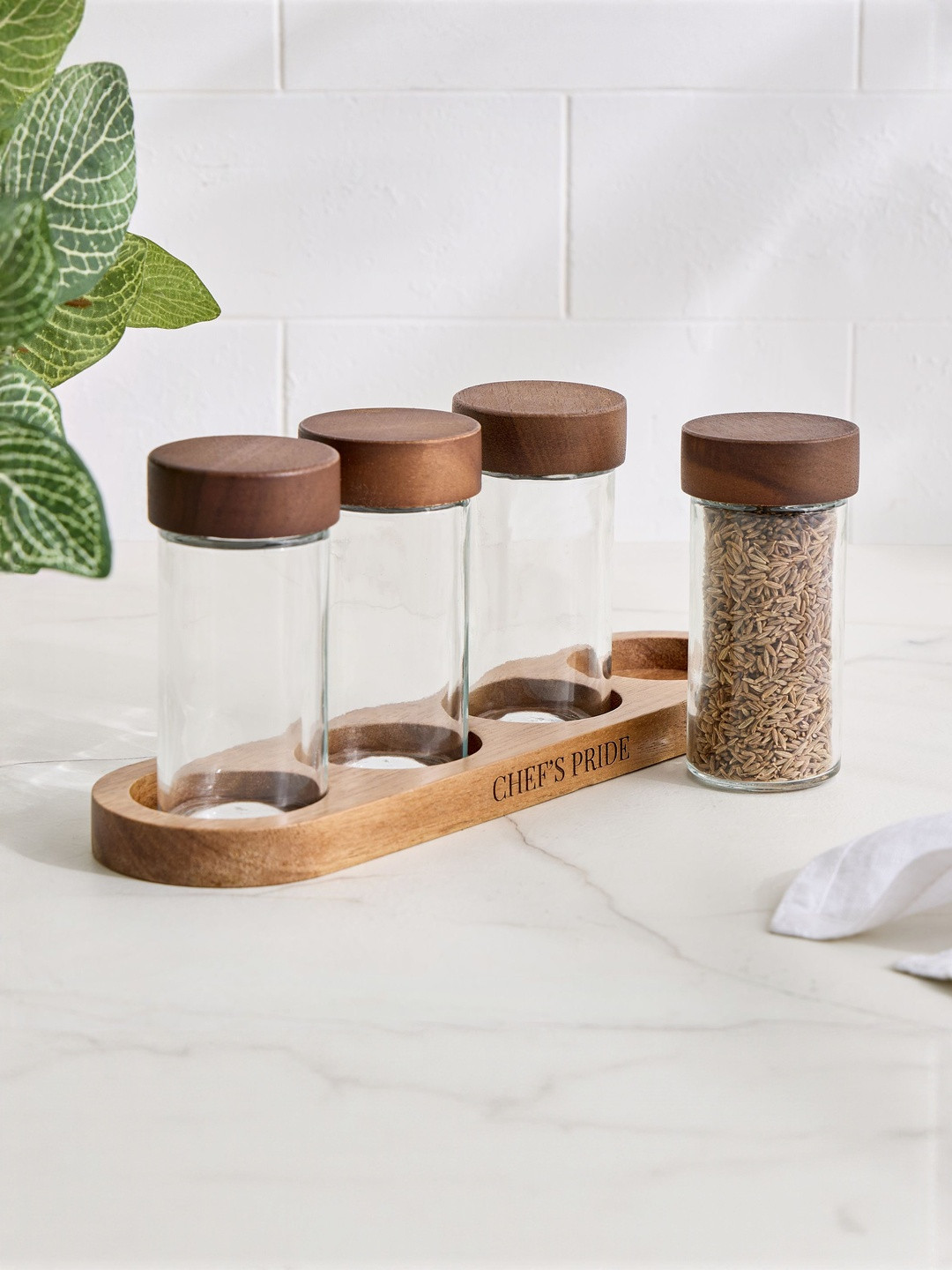 Home Centre Chefs Pride Bristol Brown 4 Pieces Glass Canister Containers with Wooden Stand