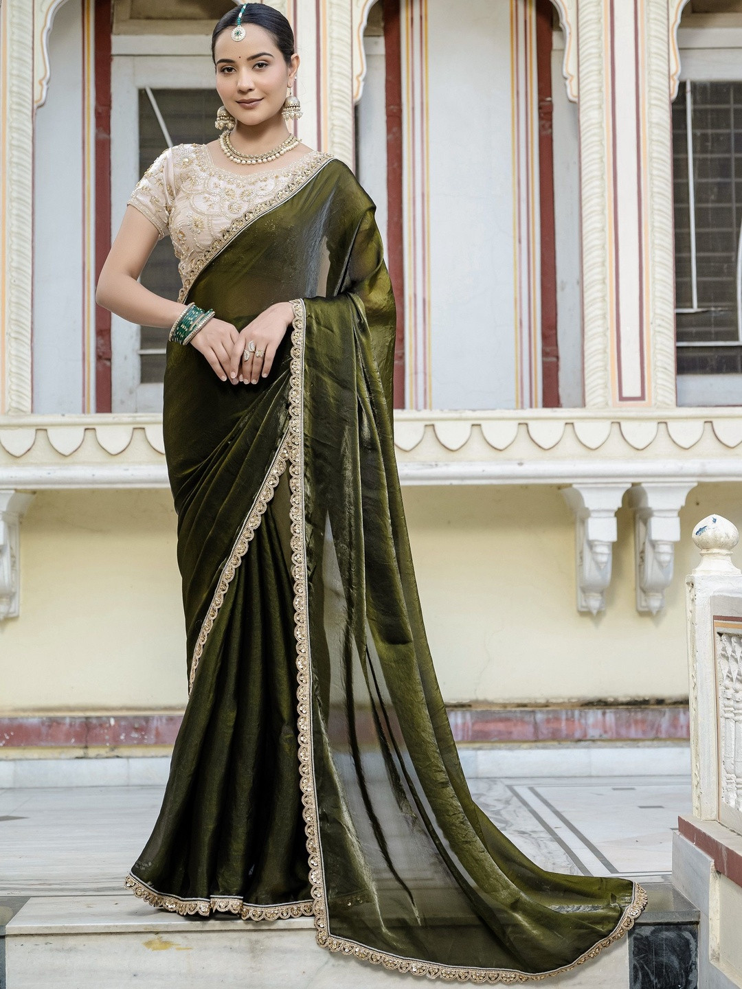 Smart Stree Sequinned Embellished Border Satin Saree With Unstithced Blouse Piece
