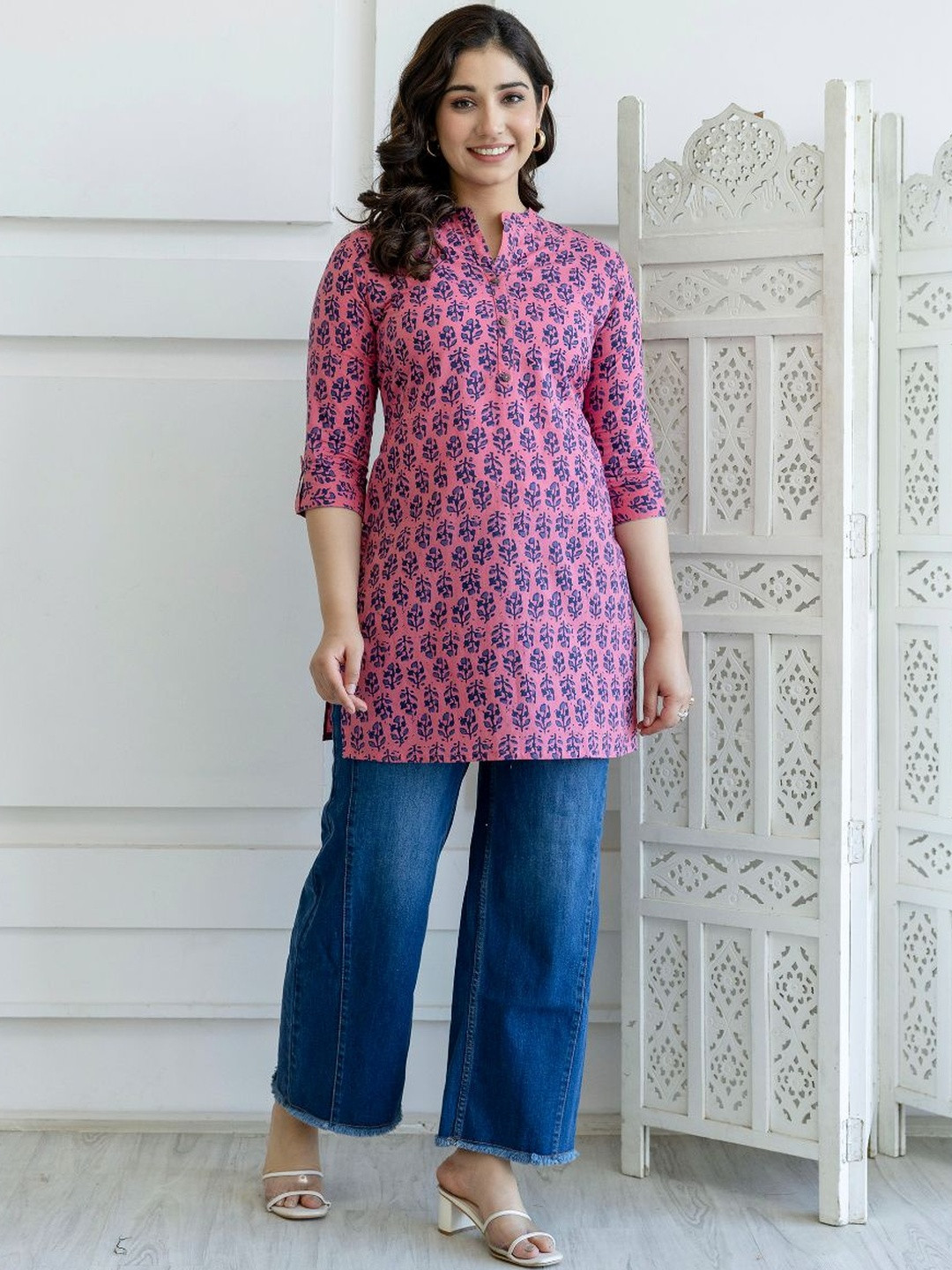 KALINI Print Mandarin Collar Ethnic Motifs Ptrint Cotton Kiurti