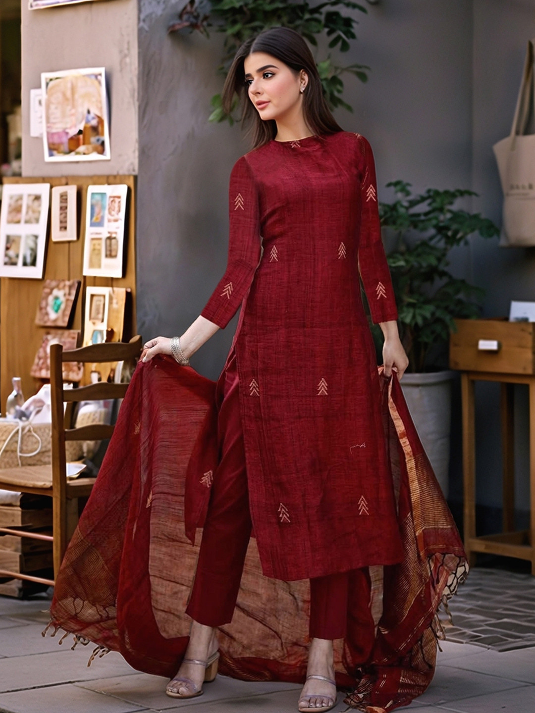 Anouk Rustic Women Printed Straight Kurta with Trousers & Dupatta