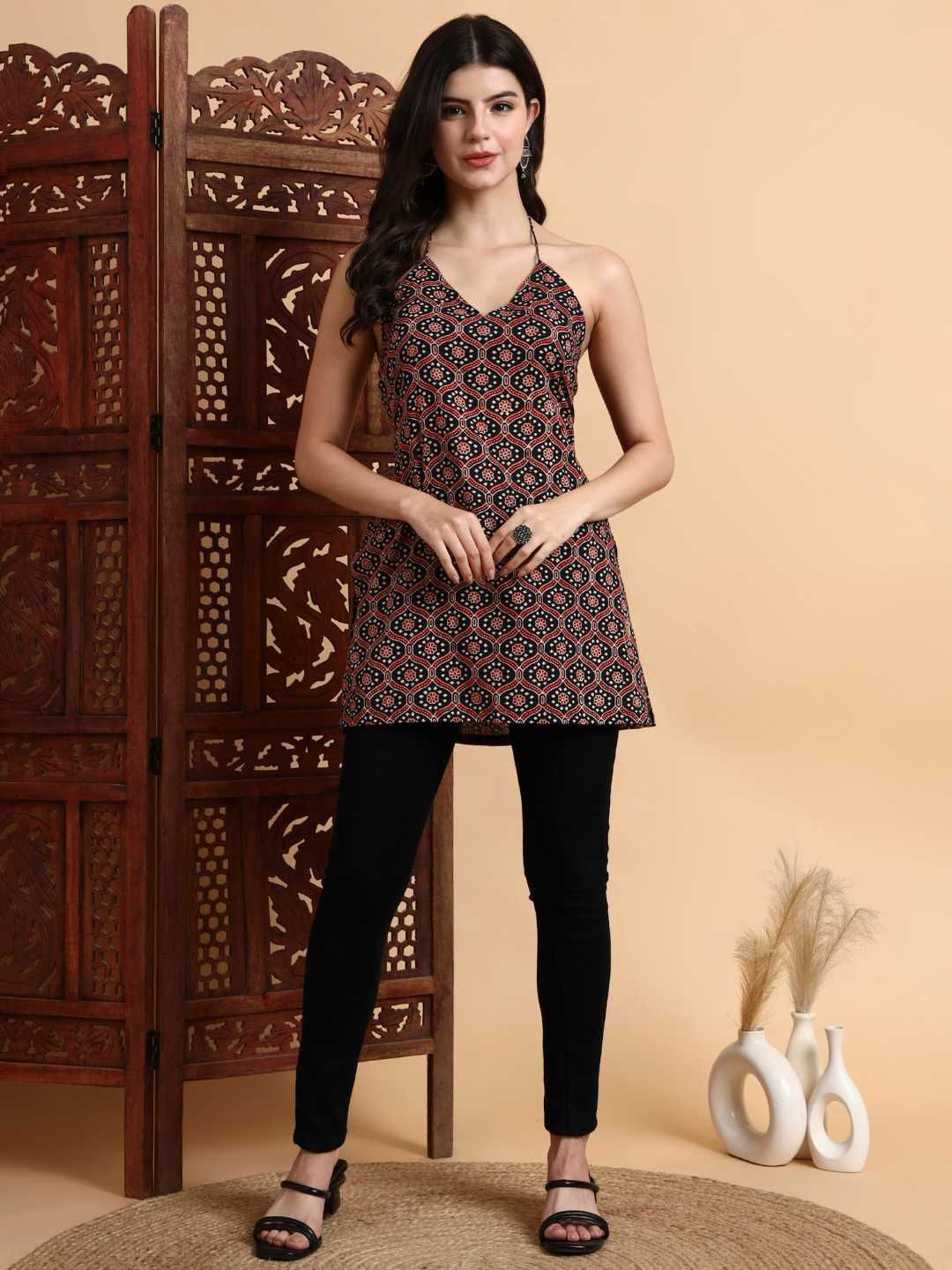 SUFIZA LIFESTYLE Hand Block Ajrak Halter Neck Pure Cotton Kurti