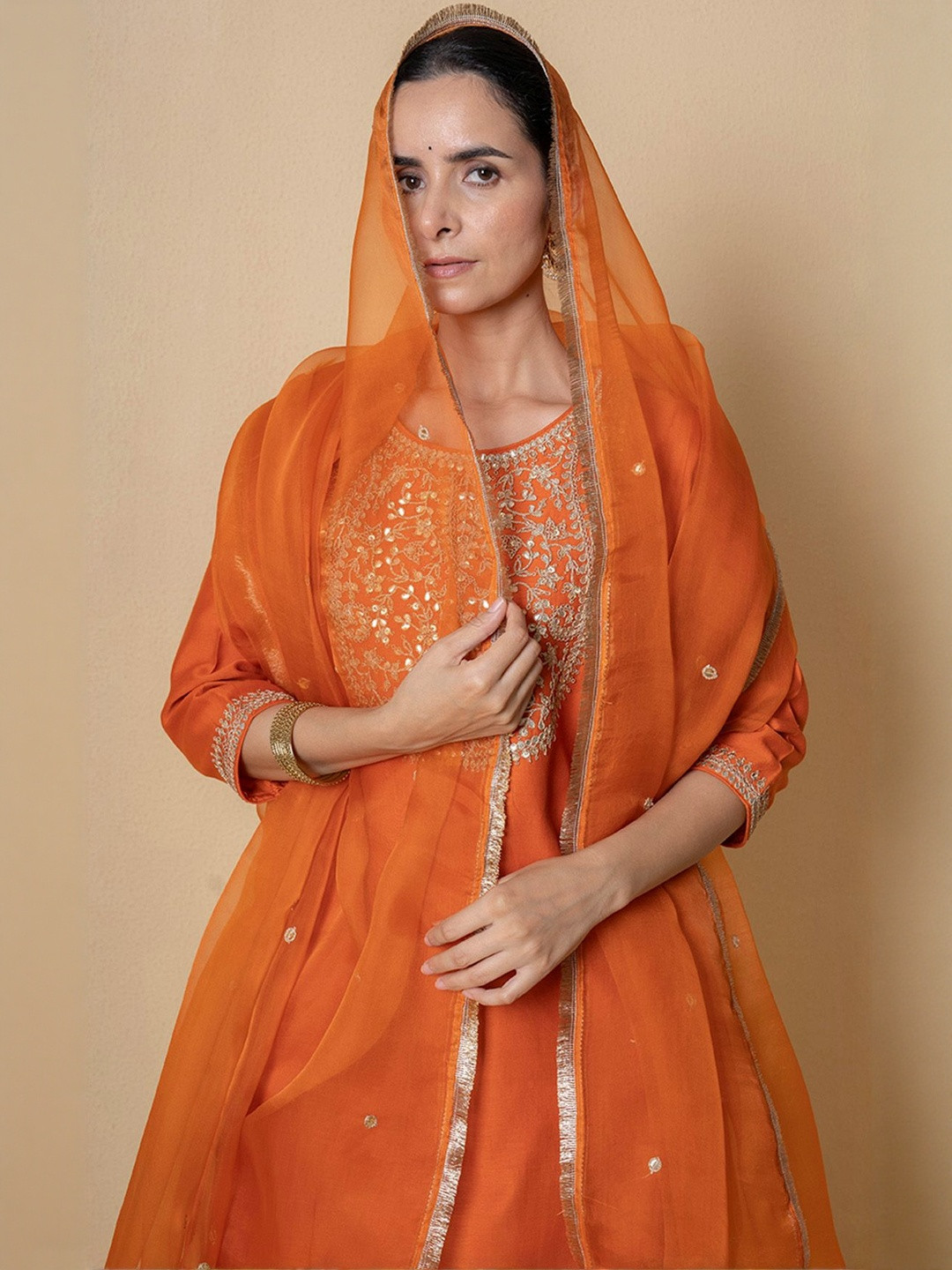 Kameez by Pooja Kejriwal Floral Yoke Design Sequinned Chanderi Silk Kurta With Trousers